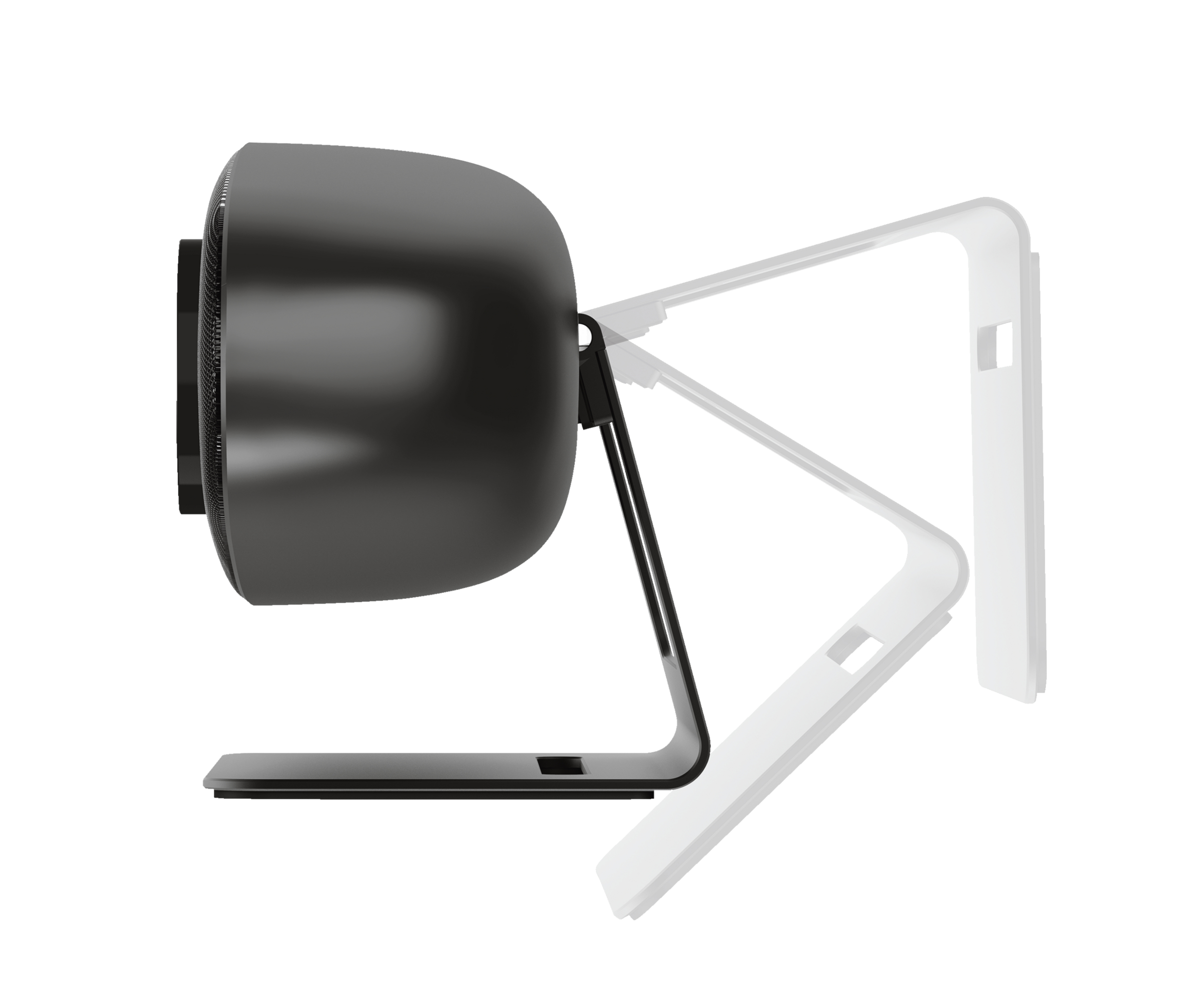 Czarny głośnik na białym stojaku. Głośnik jest ustawiony pod kątem i ma regulowany biały stojak.