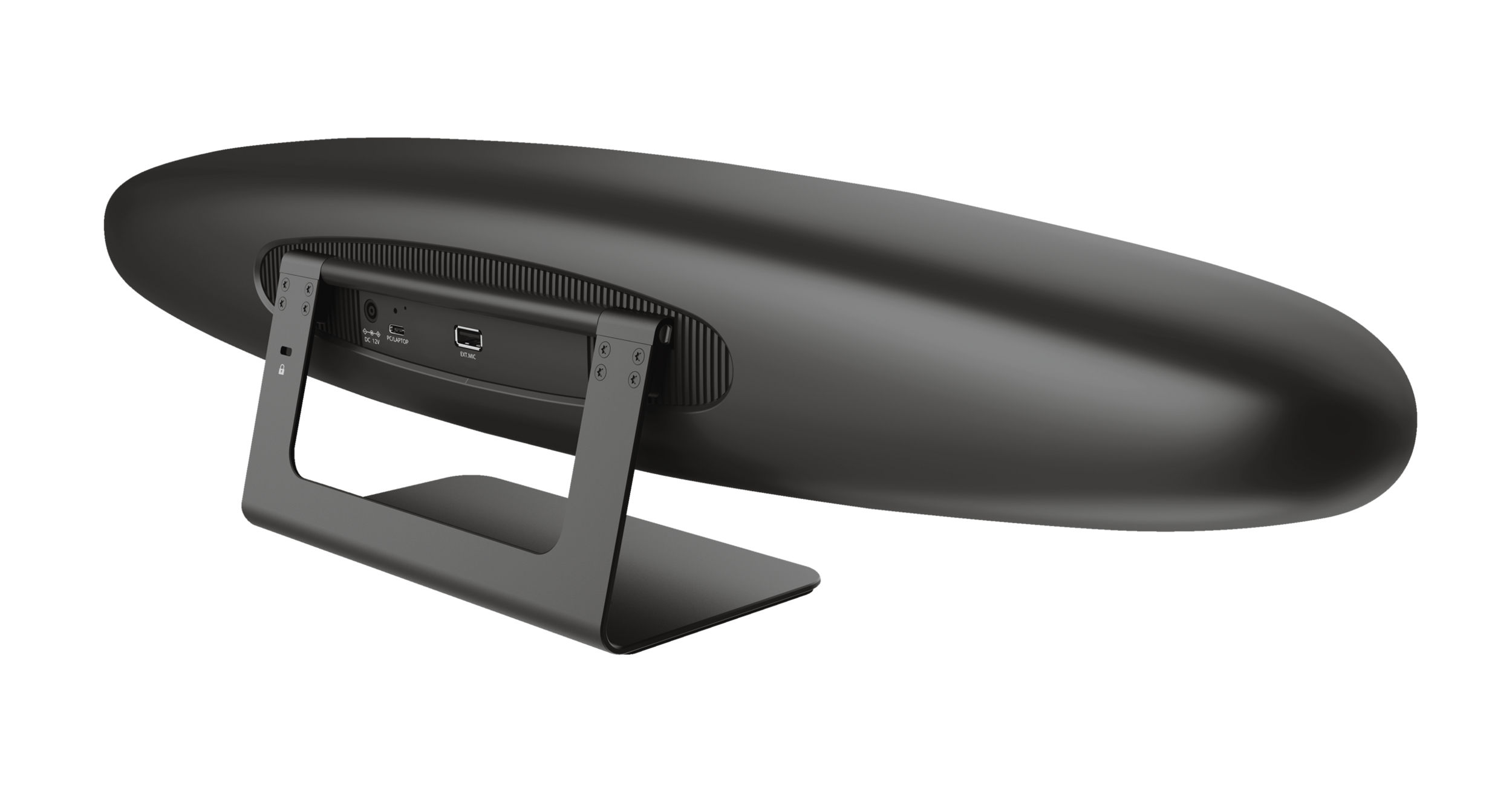 Tył czarnego owalnego głośnika z portami i podstawą. Tło jest białe.