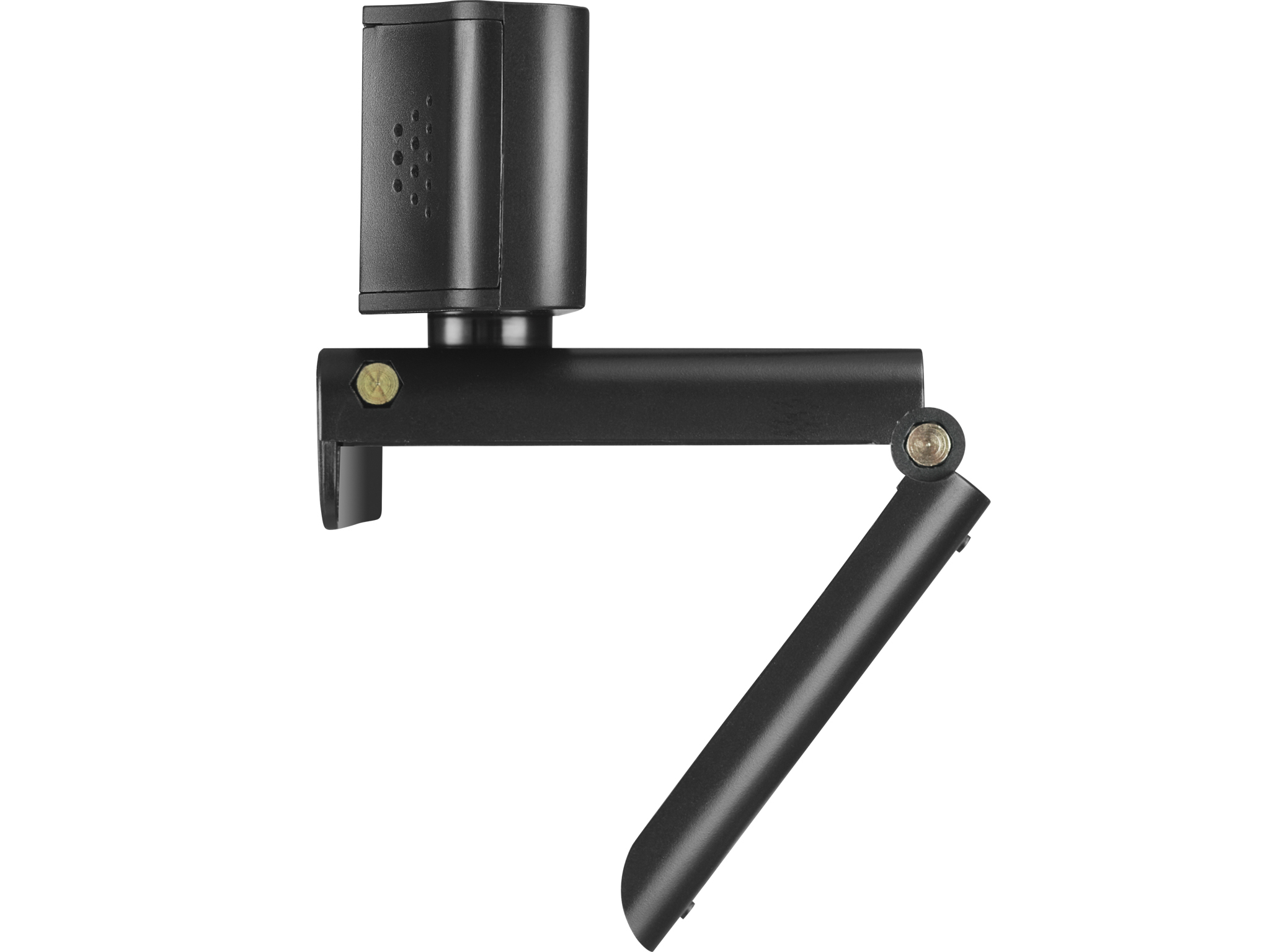 Czarna kamera internetowa zamontowana na klipsie z regulowanym ramieniem. Białe tło.