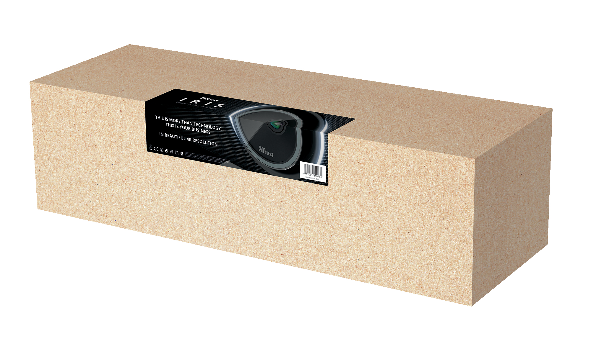 Pudełko kamery internetowej z etykietą. Pudełko jest brązowe i prostokątne.