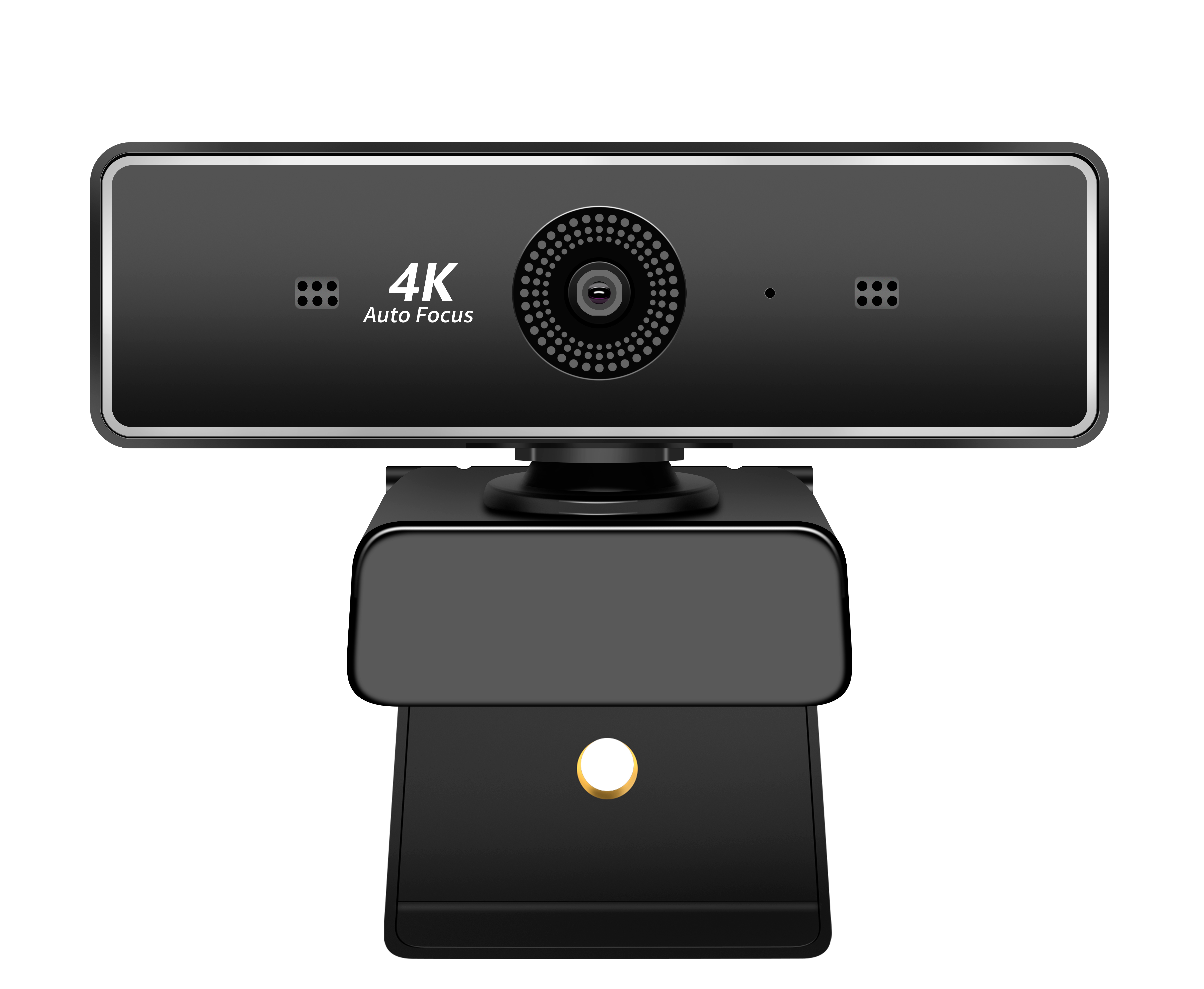 Webcam nera con 4K Auto Focus su sfondo bianco. L'obiettivo è rotondo.