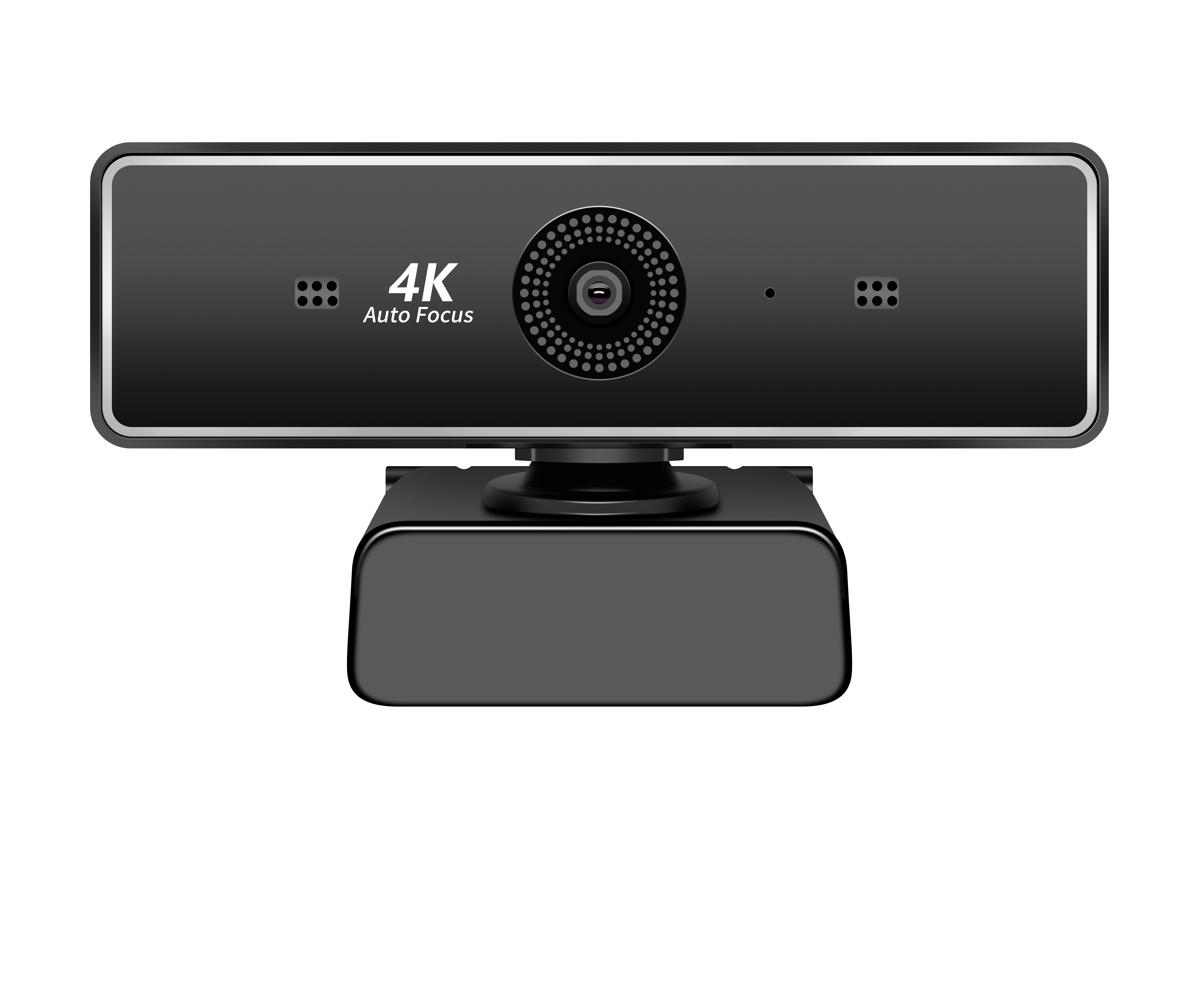 Webcam nera con 4K Auto Focus. Ha un obiettivo rotondo e si trova su uno sfondo bianco.