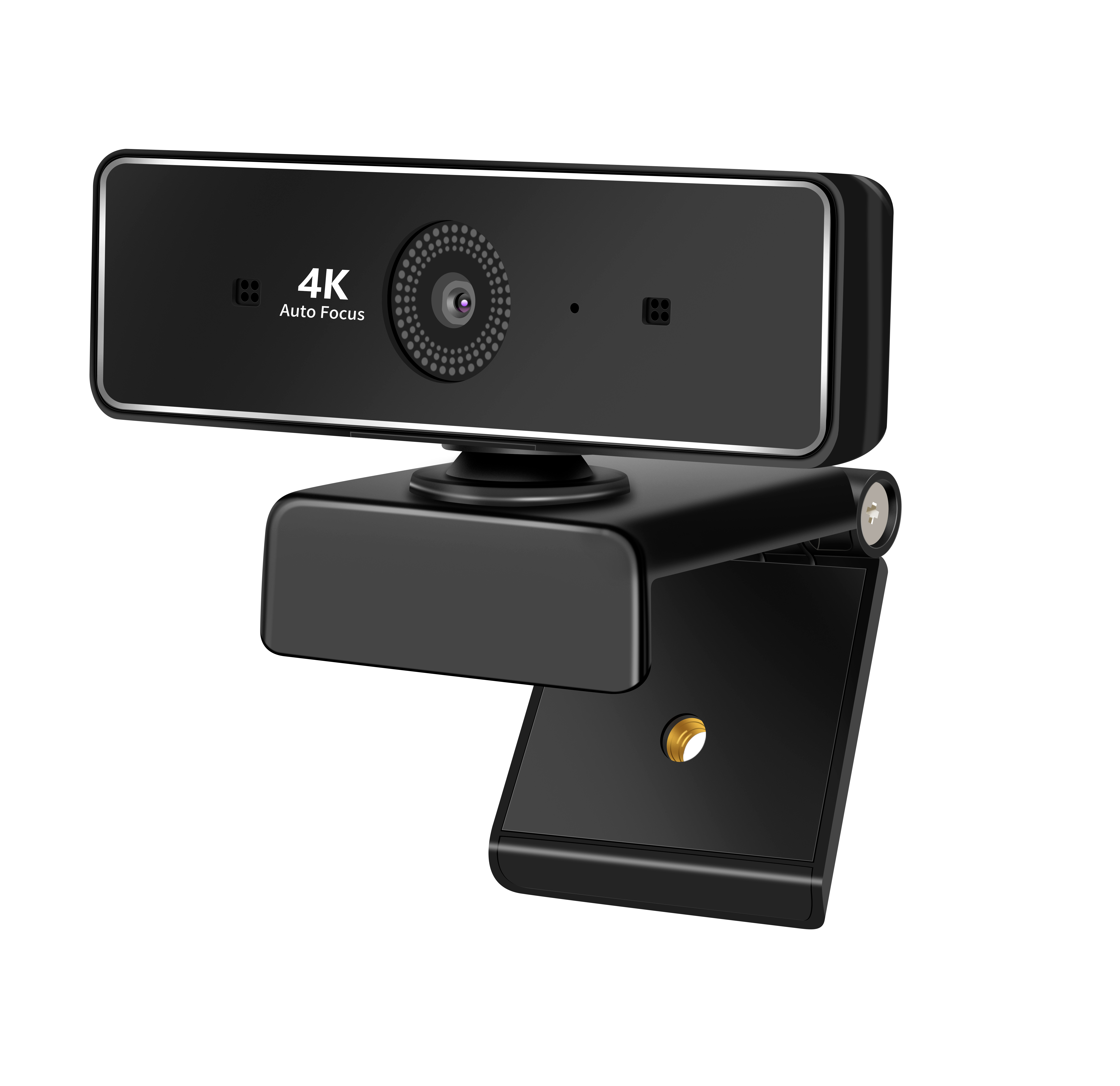 Webcam nera con 4K Auto Focus su sfondo bianco. Ha un supporto.