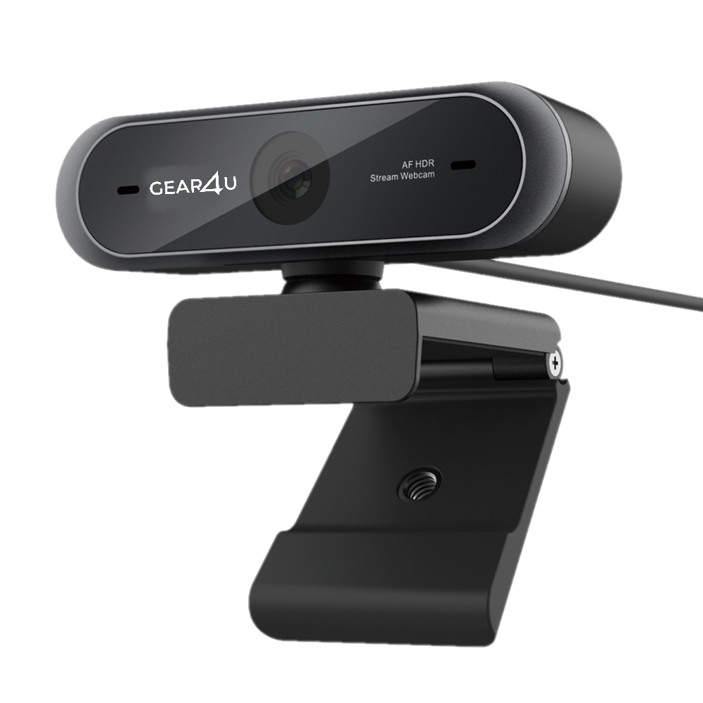 Webcam Gear4U nera con obiettivo e testo AF HDR Stream Webcam. Ha un supporto.