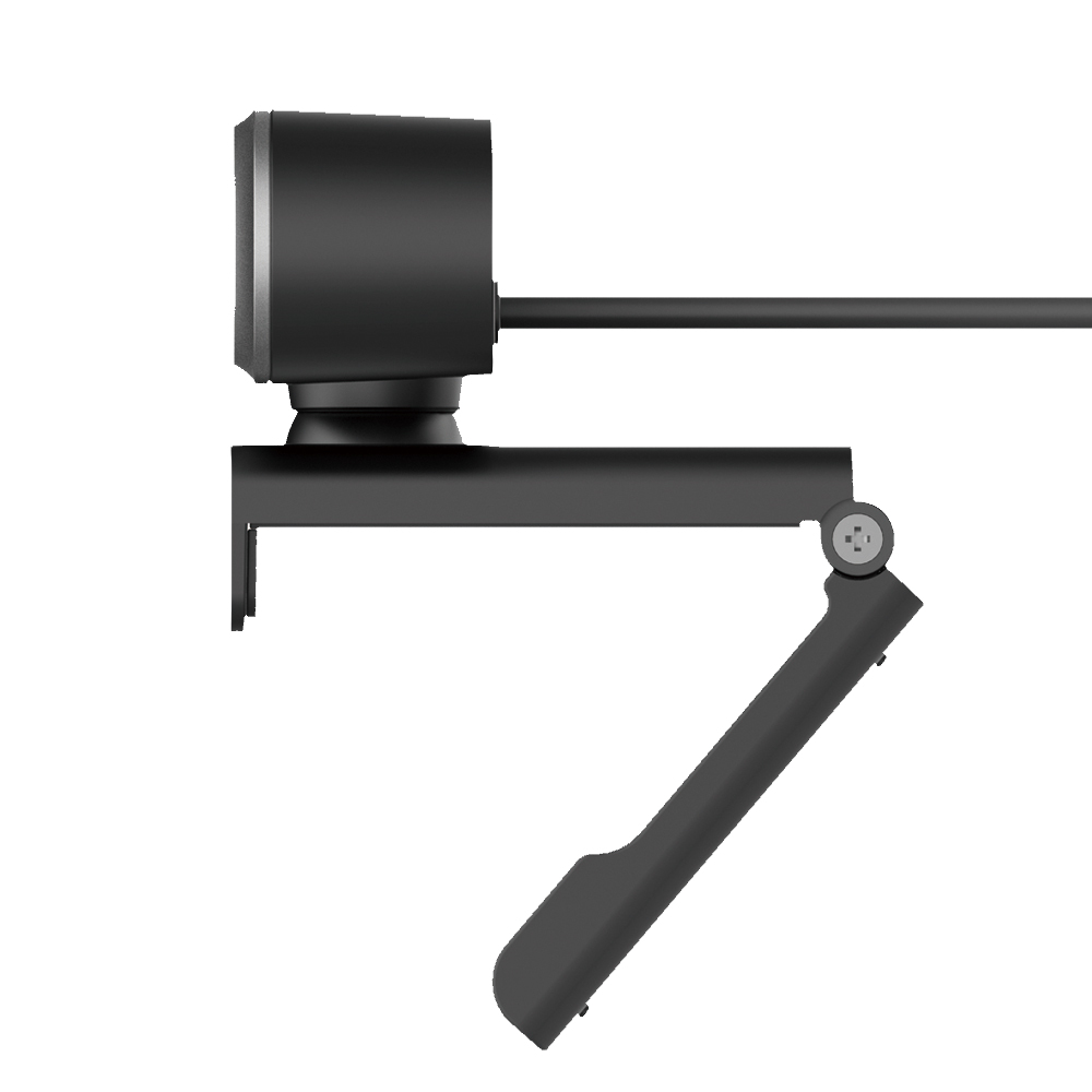 Webcam montata su un monitor. La webcam è nera e ha un cavo.