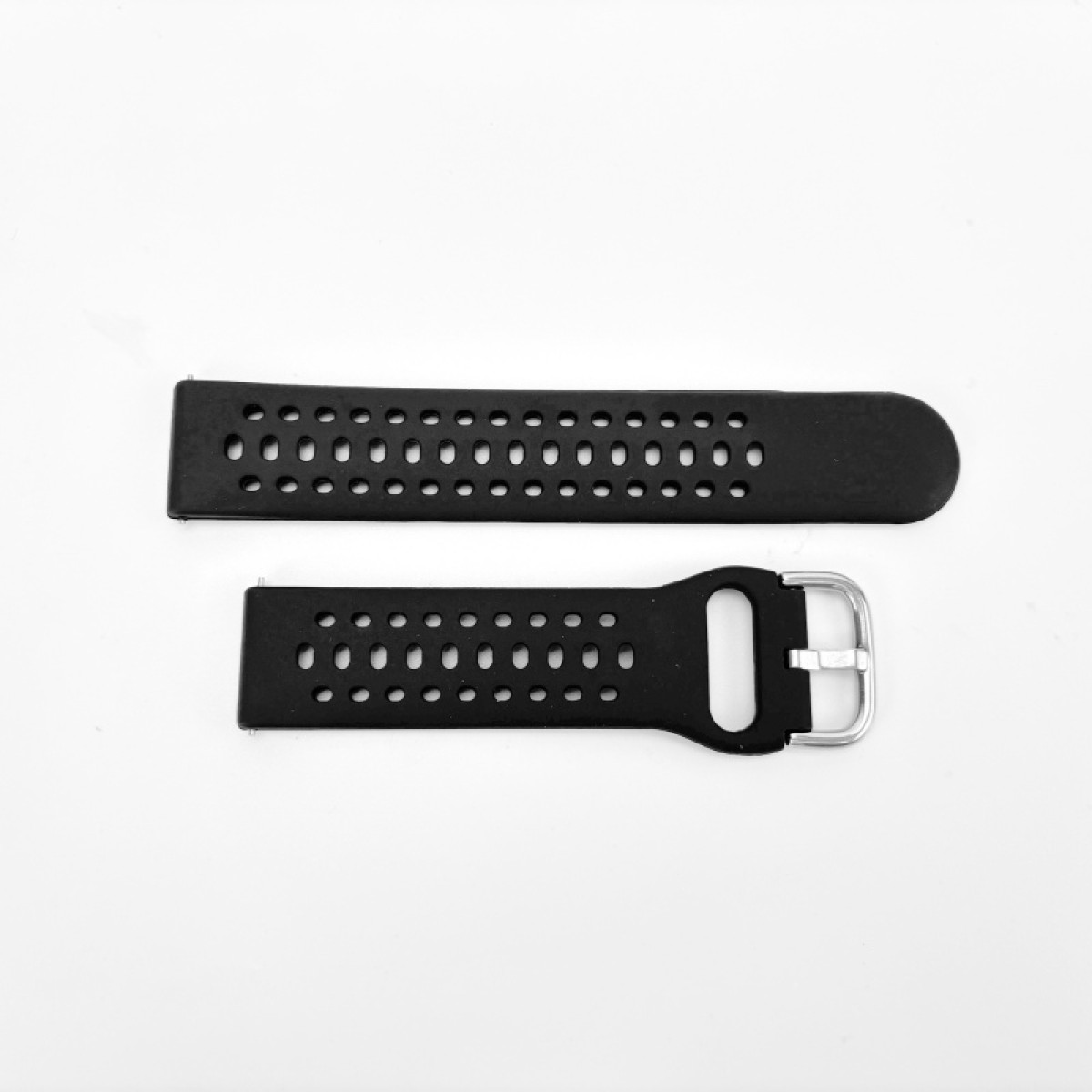Zwei schwarze Uhrenarmbänder mit Löchern, eines mit silberner Schnalle, auf weißem Hintergrund.