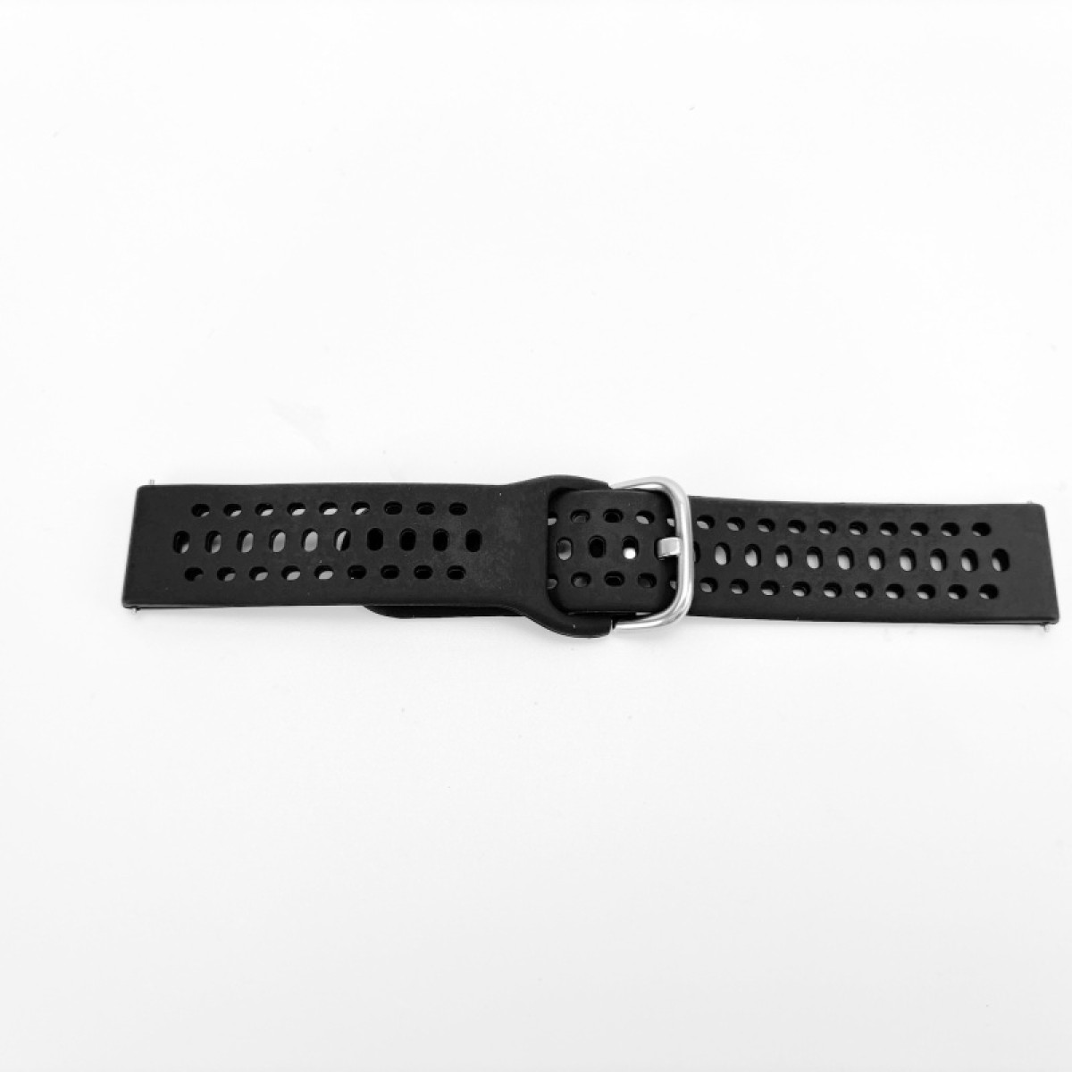 Schwarzes Uhrenarmband mit silberner Schnalle, mit gleichmäßig verteilten Löchern, vor weißem Hintergrund.