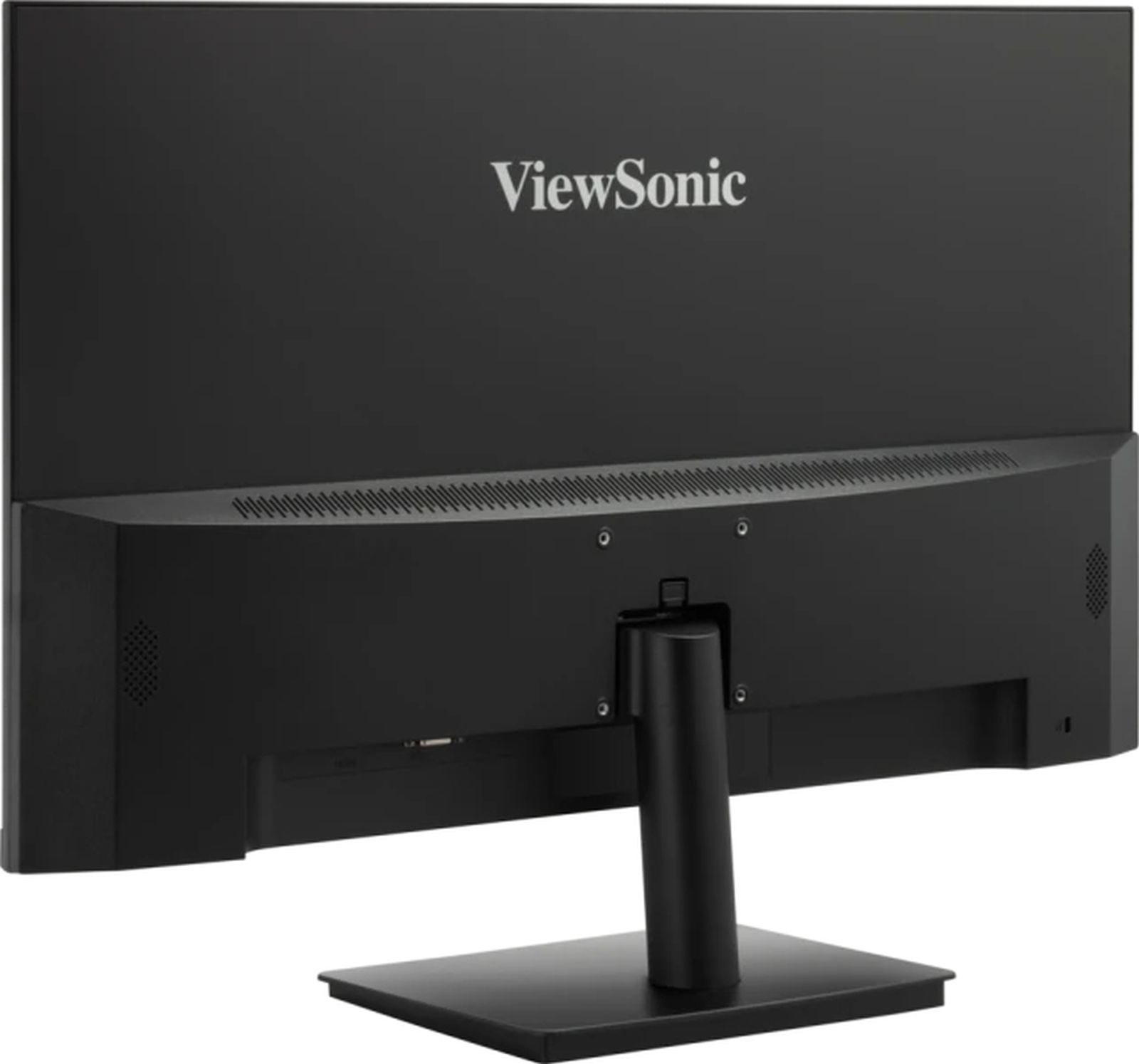 Widok z tyłu czarnego monitora ViewSonic. Czarna podstawa i porty połączeniowe. Logo ViewSonic widoczne u góry.