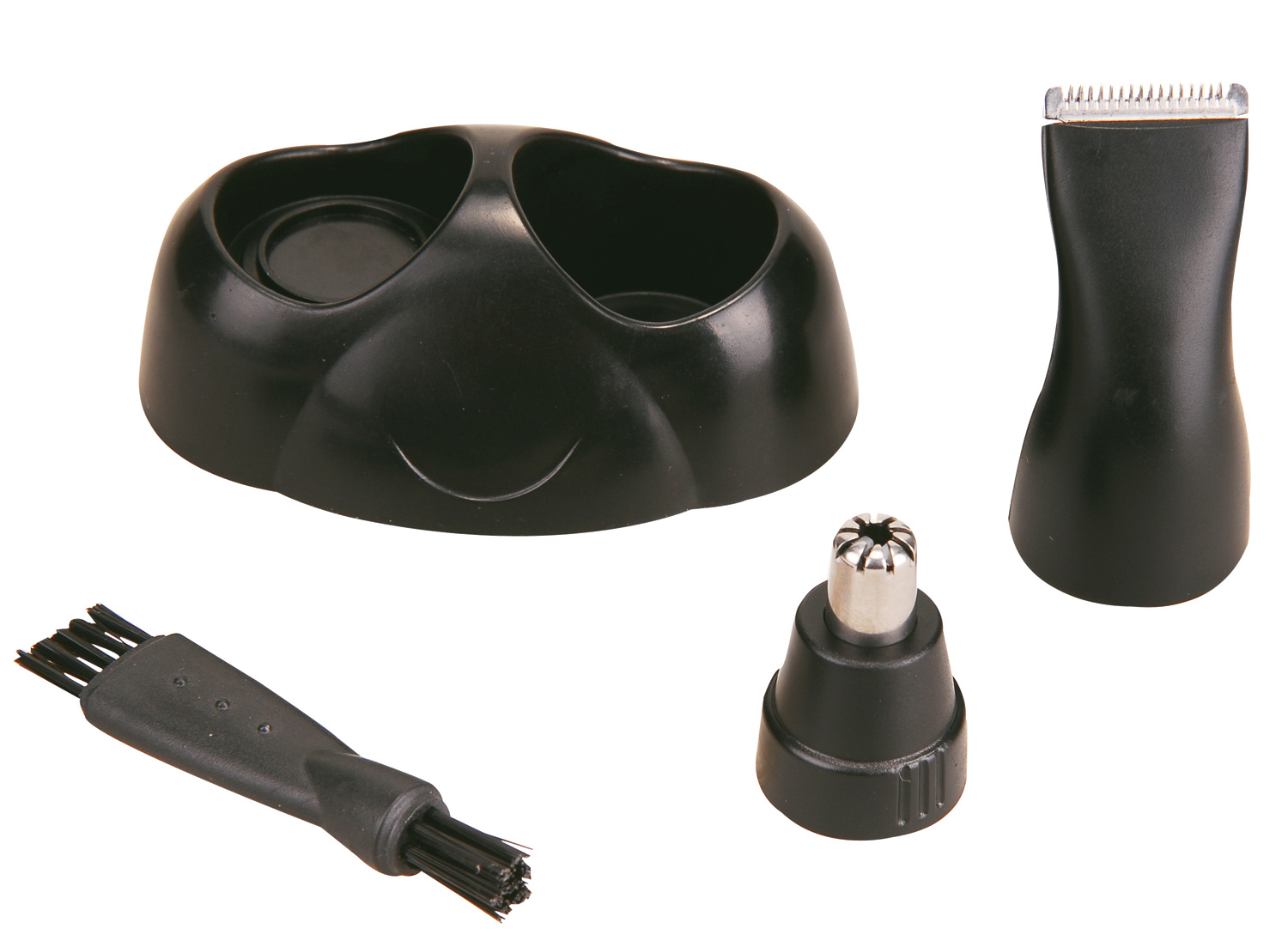 Un juego de recortador de vello nasal negro. Incluye una base, un cabezal de corte, un cepillo y un accesorio para recortar vello nasal, todo sobre un fondo blanco.