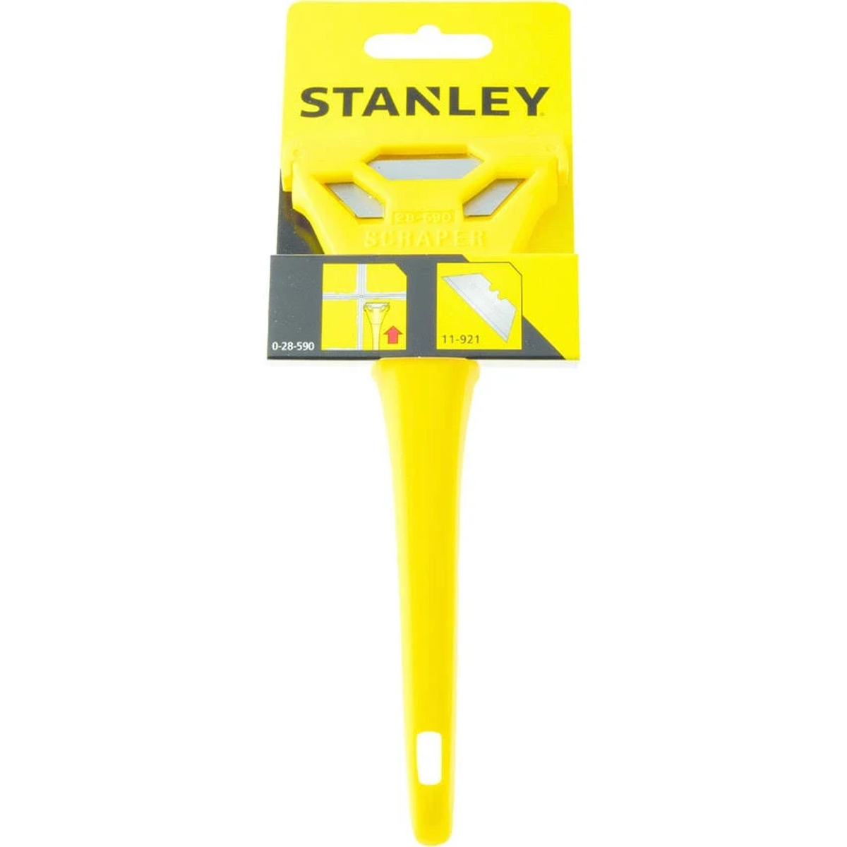 Gelbes Stanley-Schaberwerkzeug in Verpackung, weißer Hintergrund, Draufsicht.