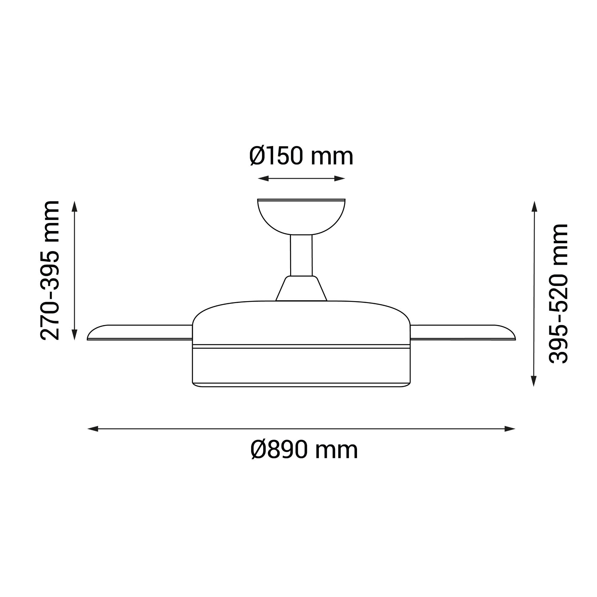 Esquema de un ventilador de techo con medidas: 890mm diámetro, 270-395mm, 395-520mm y 150mm.