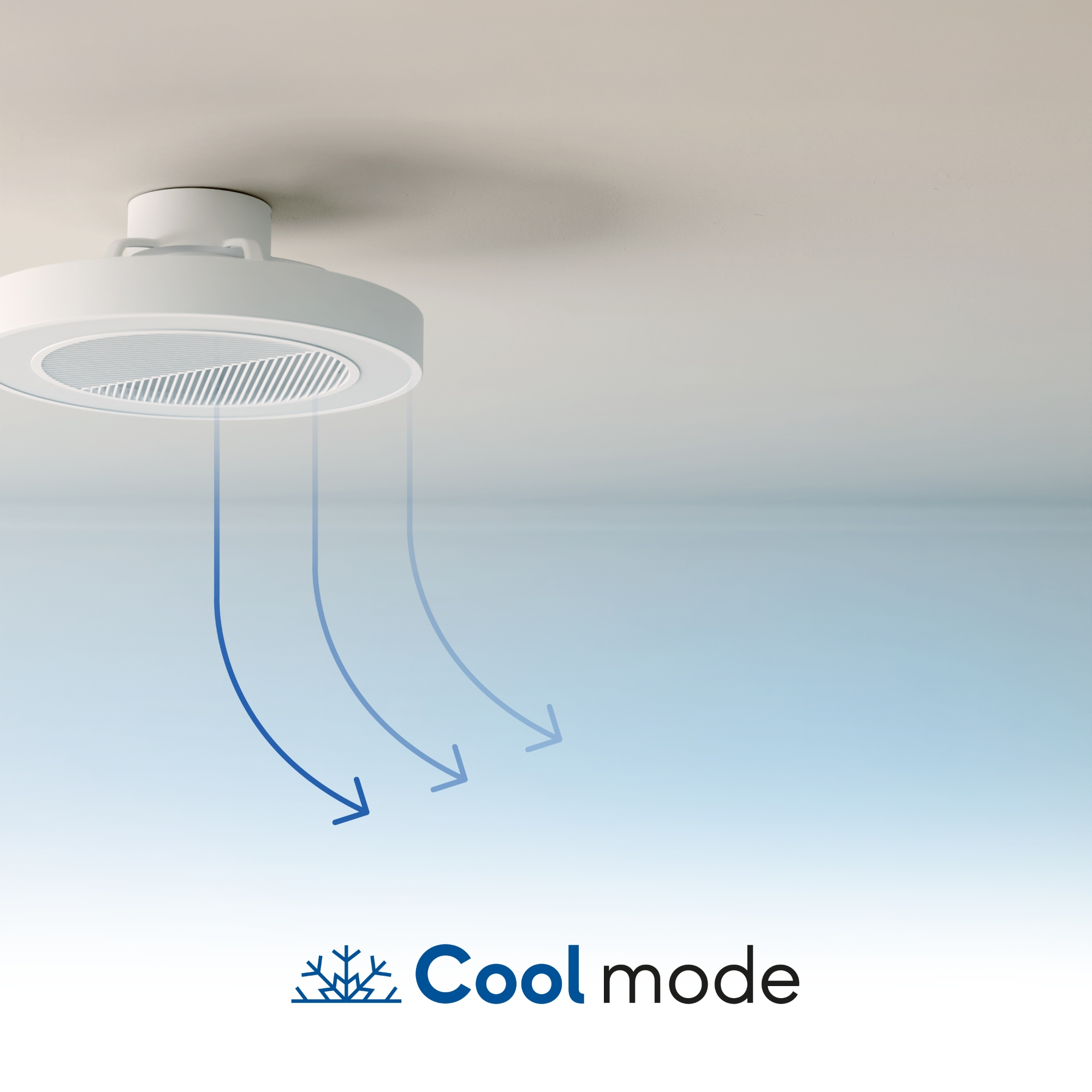 Ventilador montado en el techo con flechas azules que indican el flujo de aire, texto 'Cool mode'.