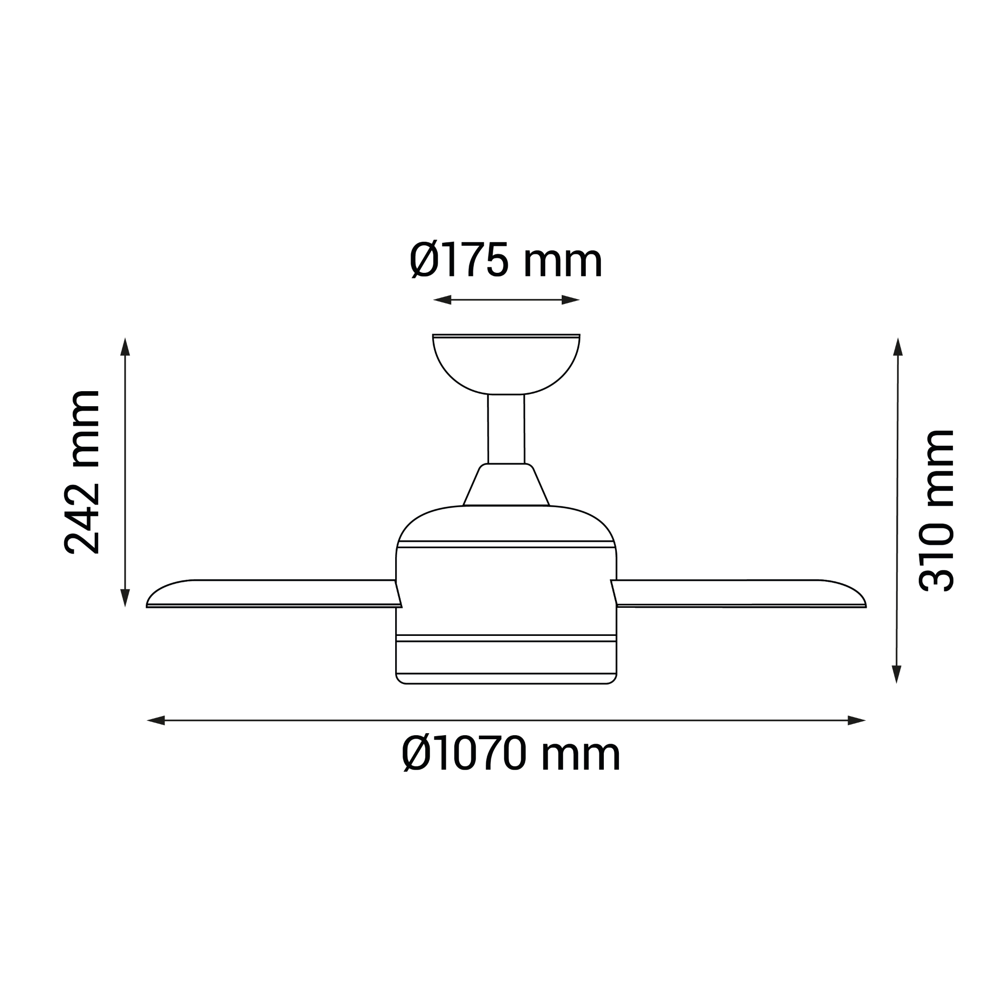 Esquema de un ventilador de techo con medidas: 1070mm diámetro, 242mm y 310mm.
