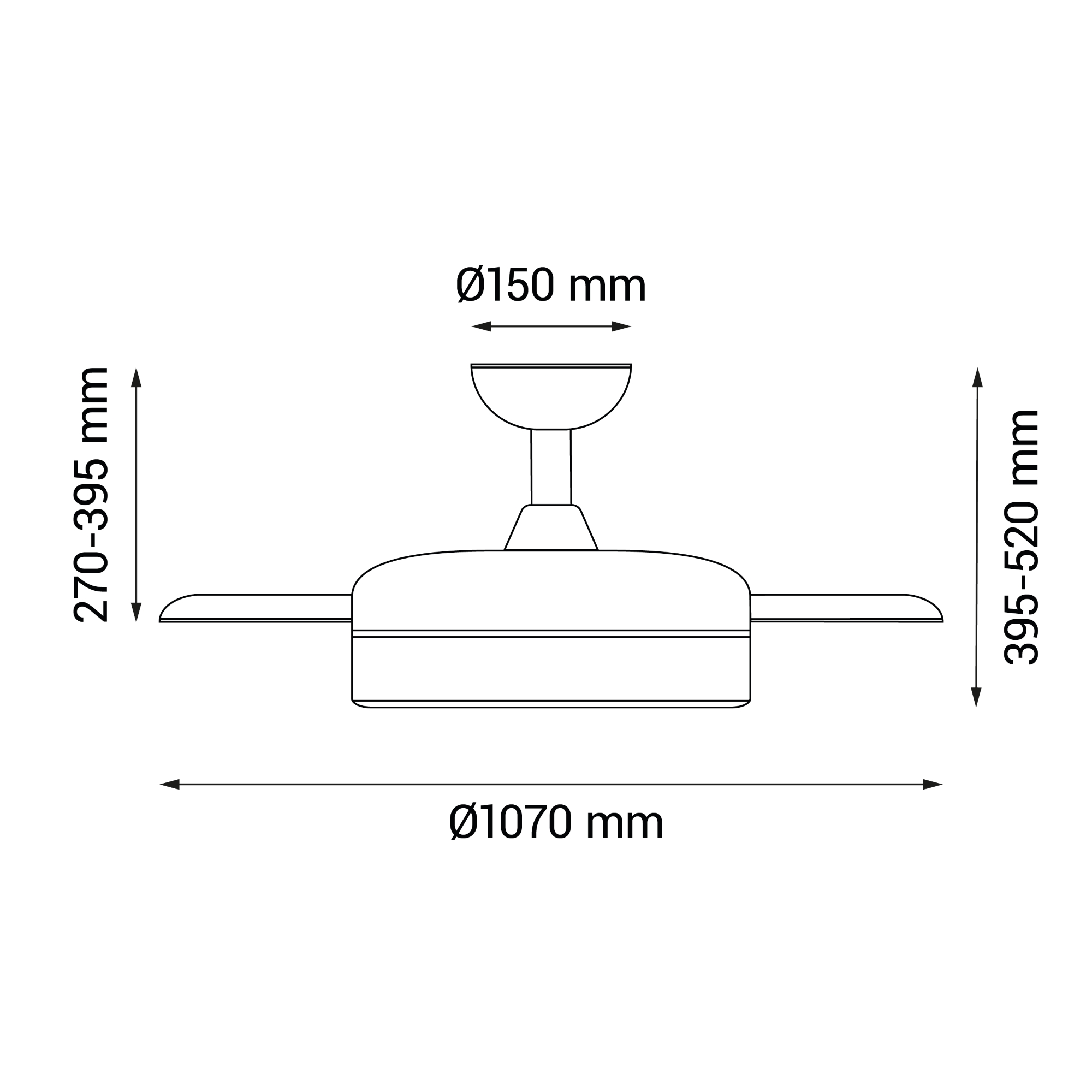 Diagrama de ventilador de techo con medidas. El ventilador tiene dos aspas y un cuerpo central.