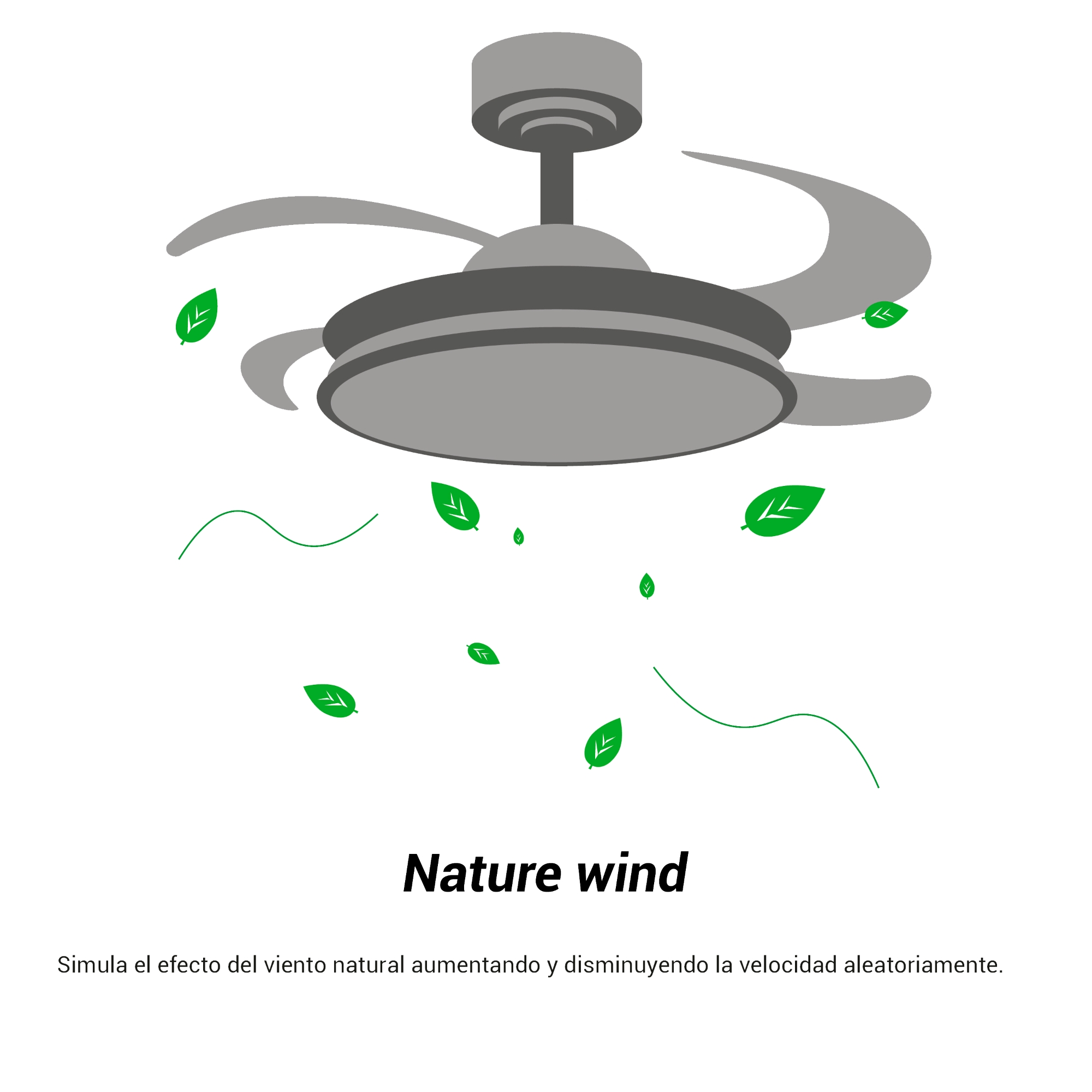 Un ventilador de techo con hojas verdes flotando alrededor, con texto 'Nature wind'. El texto está en español.