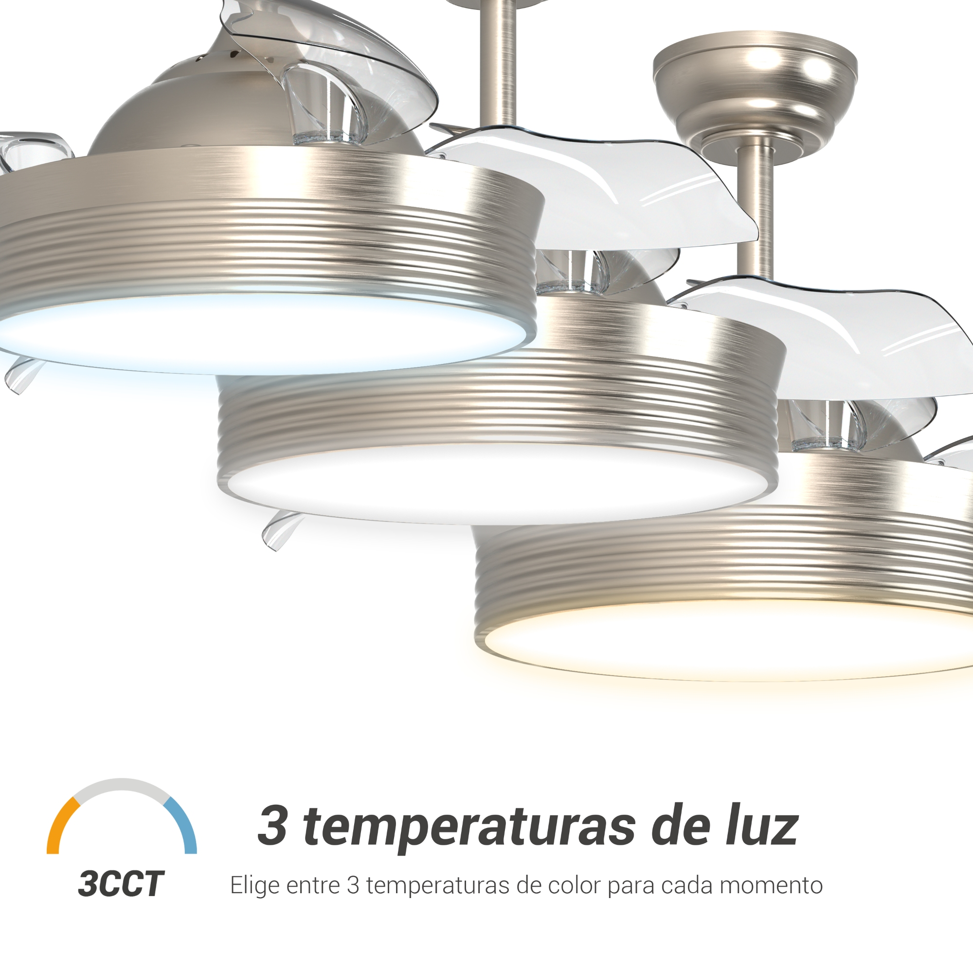 Tres ventiladores de techo con luces, el texto dice '3 temperaturas de luz' y un espectro de color de luz.