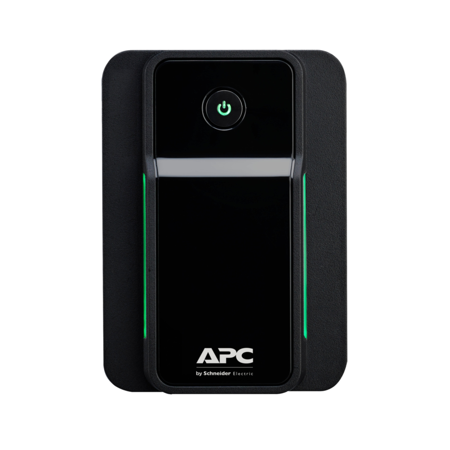 Czarny zasilacz awaryjny APC z zielonymi akcentami. Podświetlony przycisk zasilania. Czarne tło.