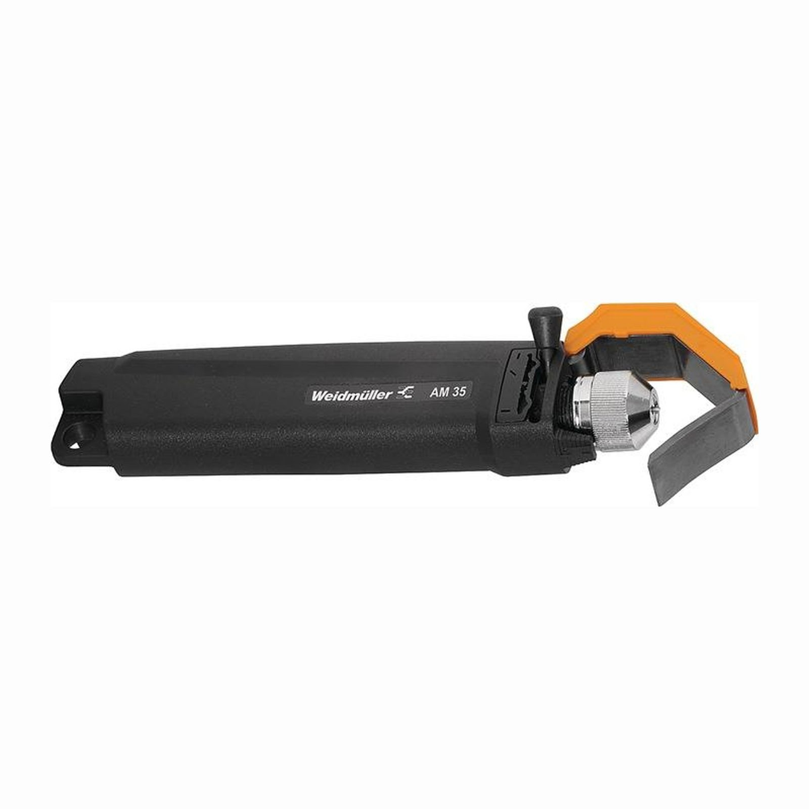 Abisolierzange, schwarz und orange, mit silbernem Schneidkopf. Weißer Hintergrund.