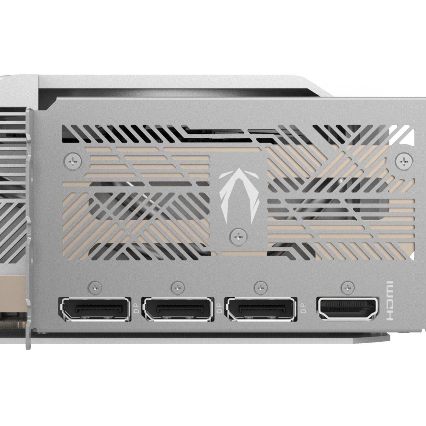 Zbliżenie karty graficznej ZOTAC ze złączami HDMI i DisplayPort, kolory srebrny i beżowy.