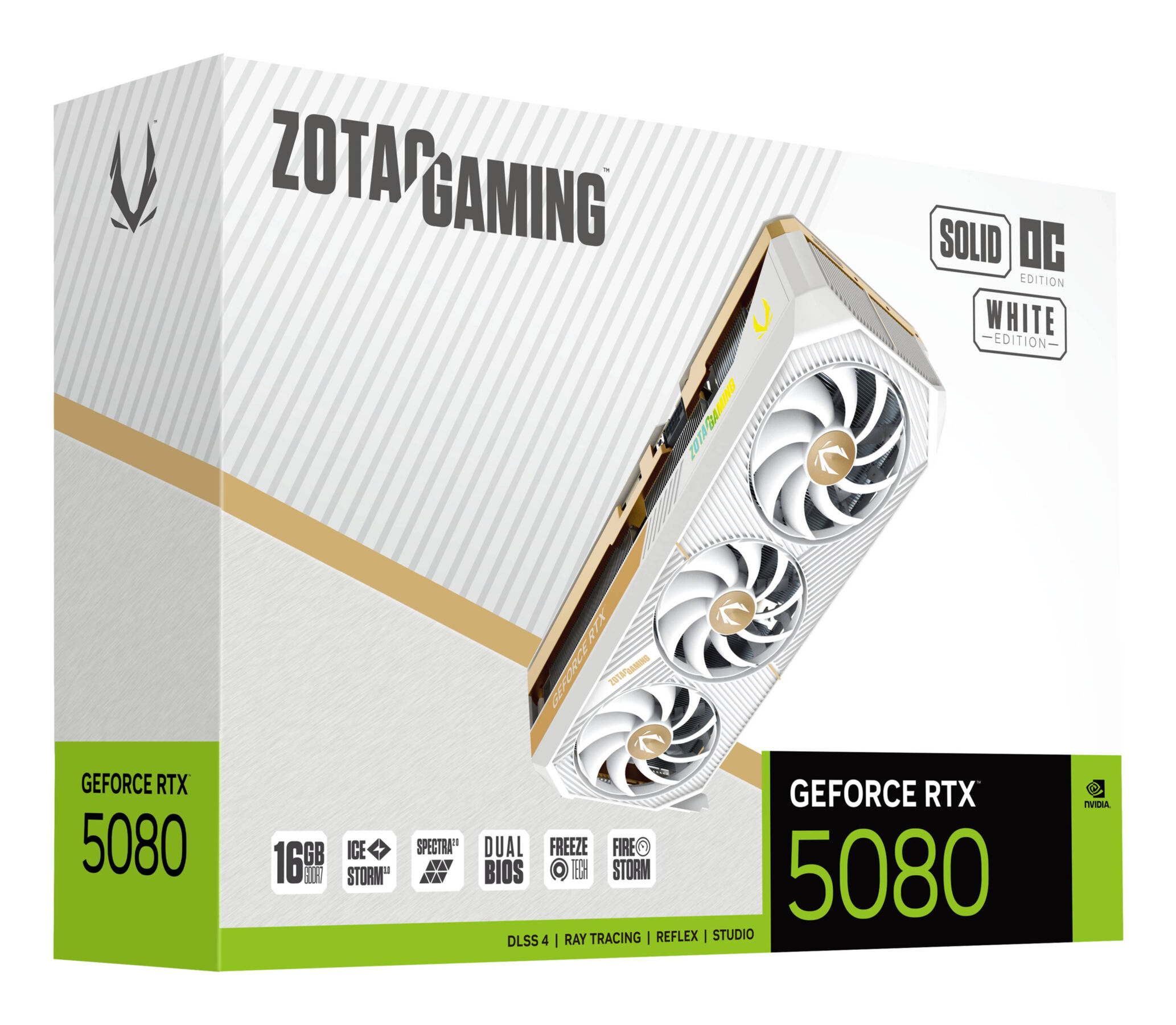 Pudełko karty graficznej ZOTAC GAMING GeForce RTX 5080. Biały, złoty i czarny design. Zawiera 16 GB pamięci. Widoczne logo NVIDIA.