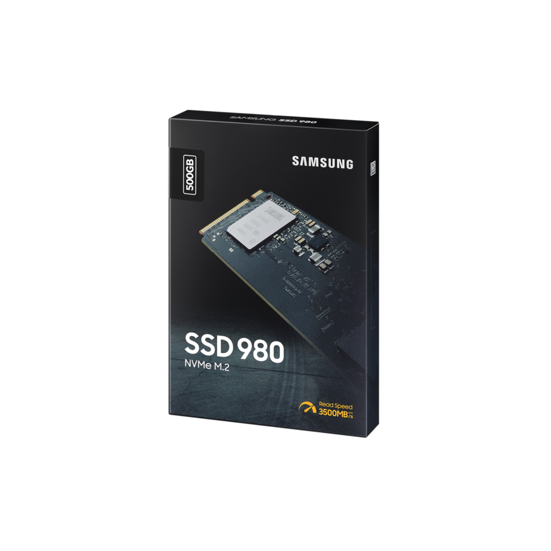 Pudełko SSD 980 NVMe M.2. Czarne pudełko z białym tekstem i logo. Zawiera dysk 500 GB. Widoczne logo Samsung.