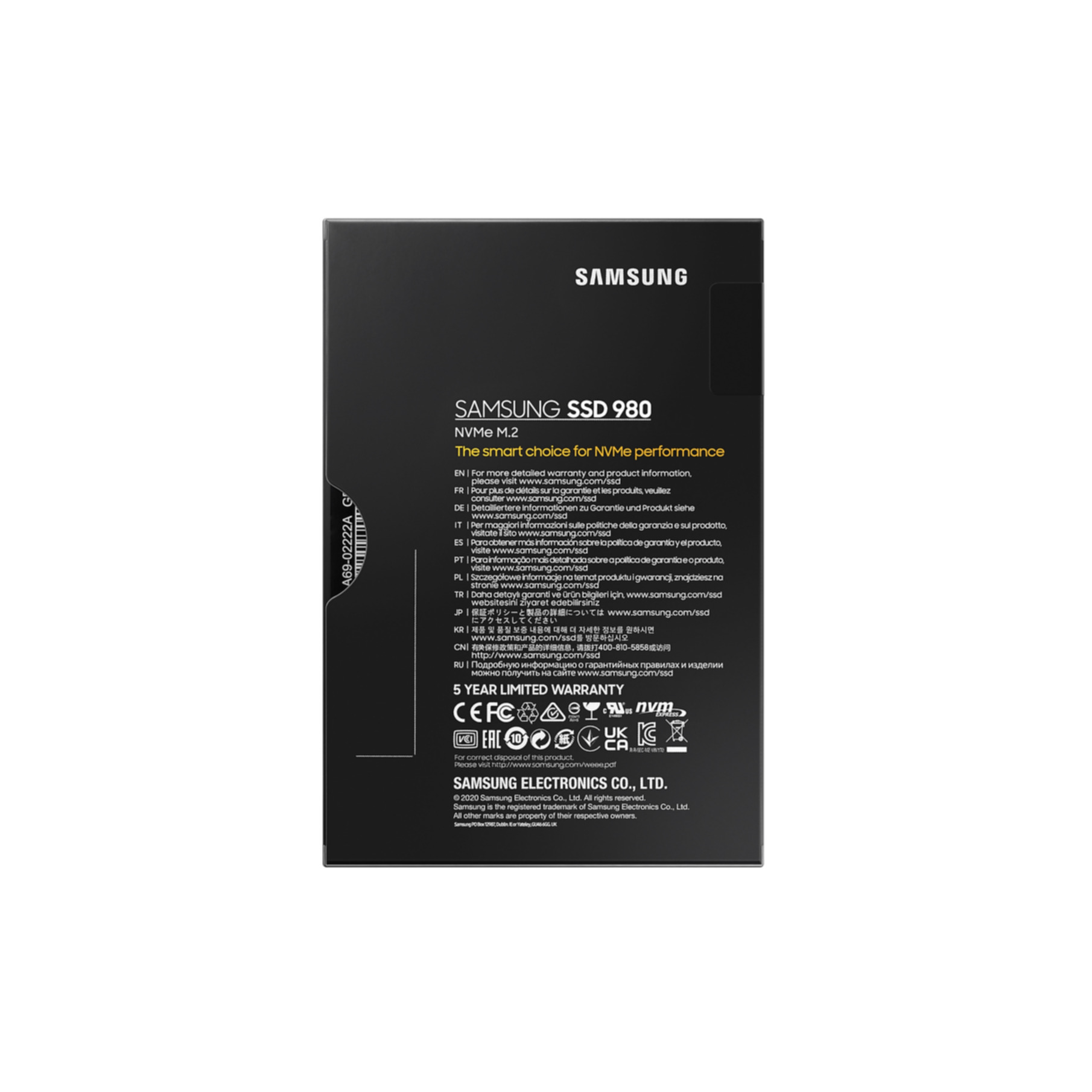 Opakowanie czarnego dysku Samsung SSD 980 NVMe M.2 z wielojęzycznym tekstem i 5-letnią gwarancją.