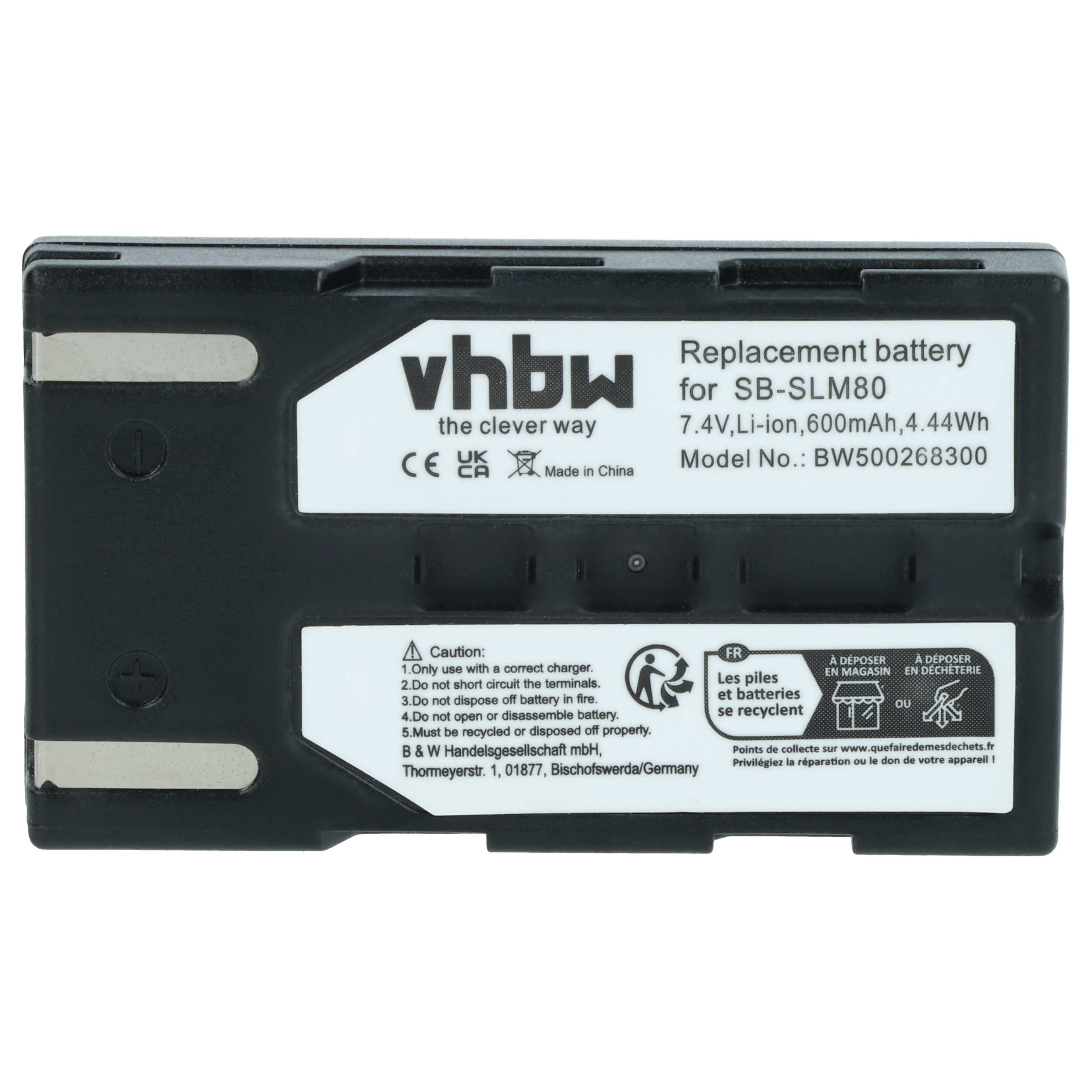 Schwarzer vhbw-Akku, Etikettentext: Ersatzbatterie für SB-SLM80, 7,4 V, Li-Ion, 600 mAh, 4,44 Wh.