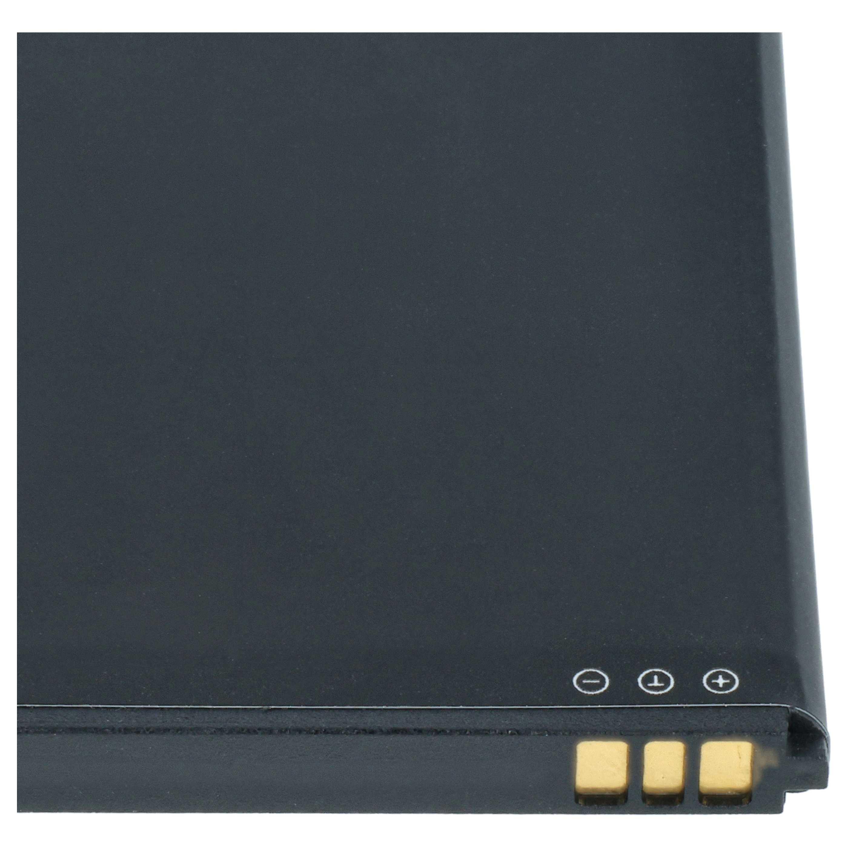 Schwarze Batterieoberseite mit Plus-, Minuszeichen. Goldene Anschlüsse. Weißer Hintergrund.
