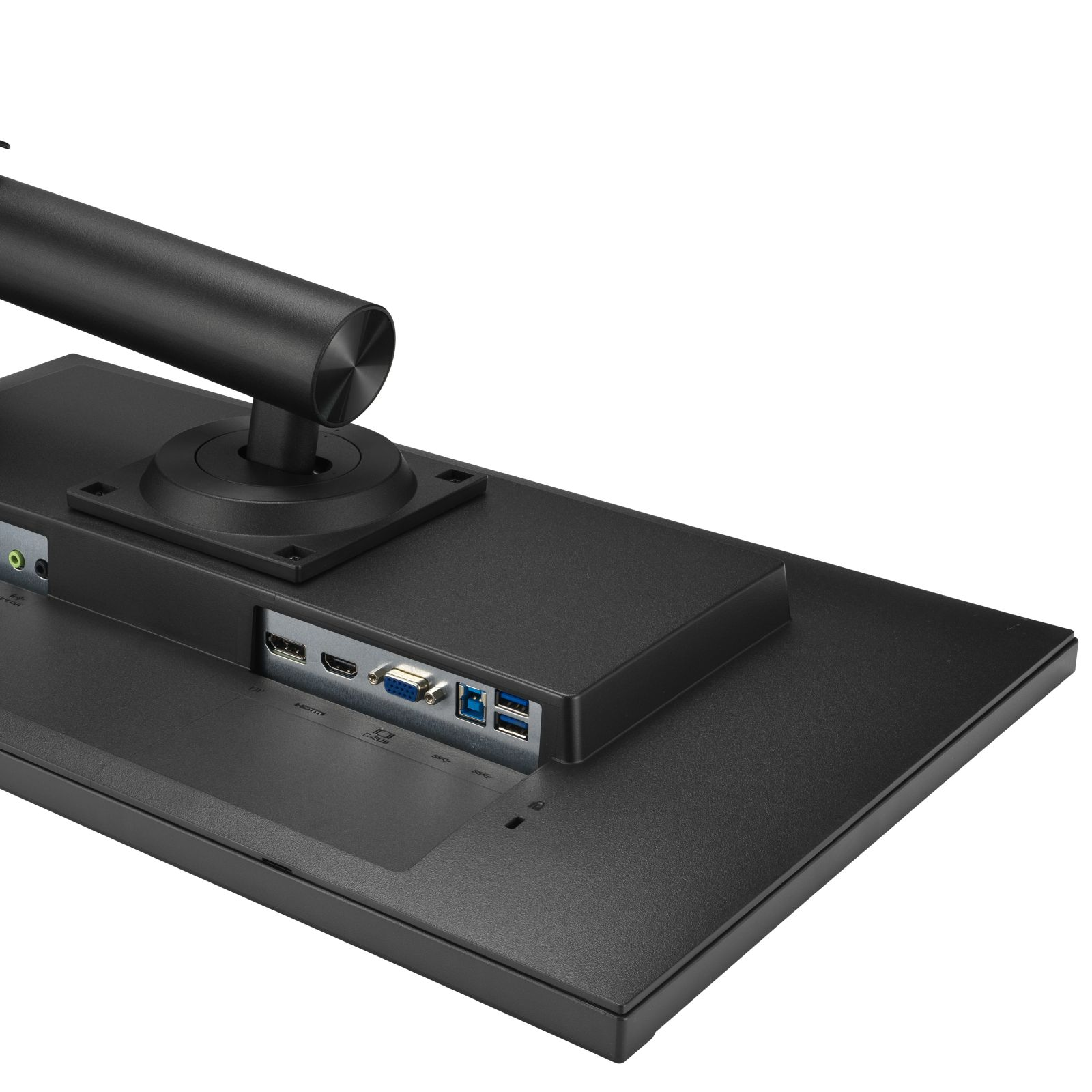 Tył czarnego monitora komputera z portami, wspornikiem i białym tłem. Widoczne porty HDMI, USB i VGA.