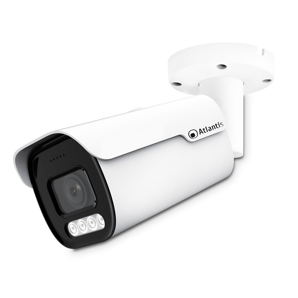 Telecamera di sicurezza bianca con obiettivo nero e logo Atlantis. Montata su superficie bianca.