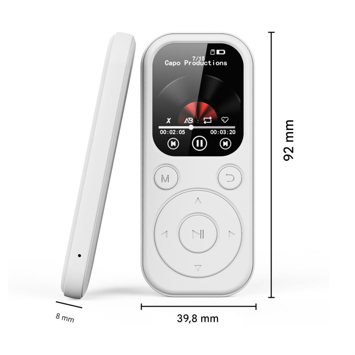 Weißer Musikplayer im Profil und von vorne, mit Abmessungen: 8mm dick, 39,8mm breit, 92mm hoch.