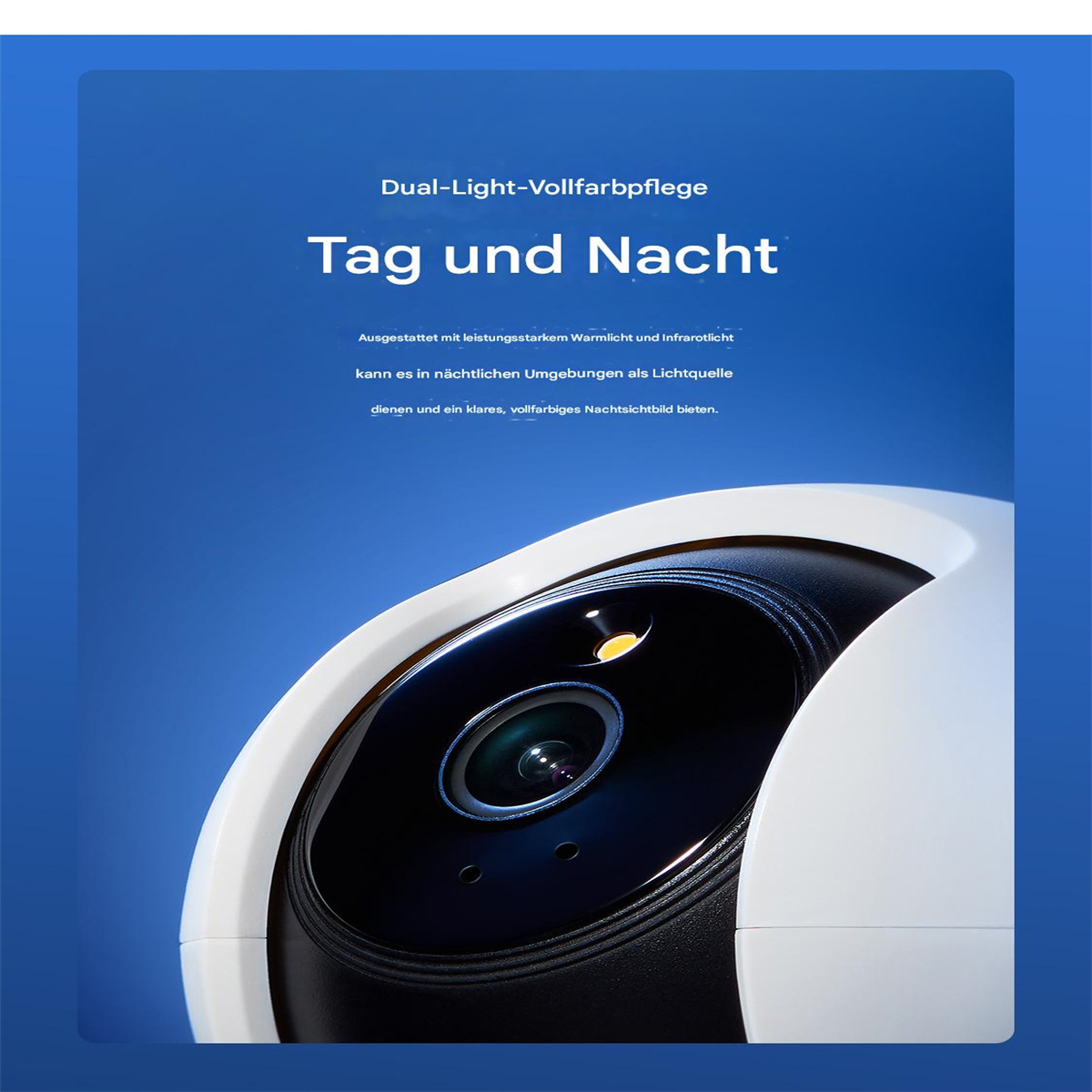 Weiße Überwachungskamera mit schwarzem Objektiv. Text auf dem Bild. Blauer Hintergrund.
