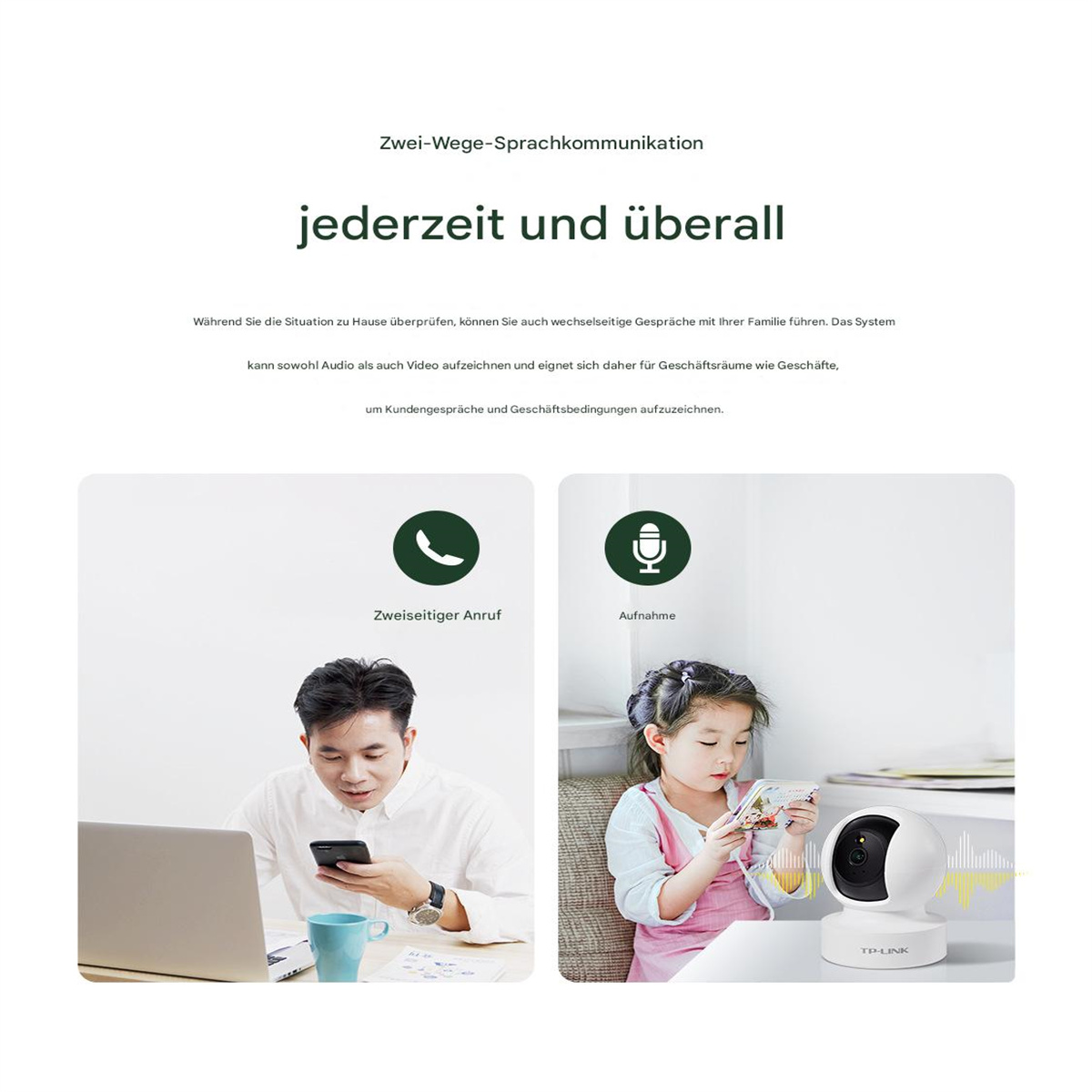 Zwei Personen benutzen Telefone, ein Mann und ein Mädchen, was die Zwei-Wege-Kommunikation und Aufnahme anzeigt.