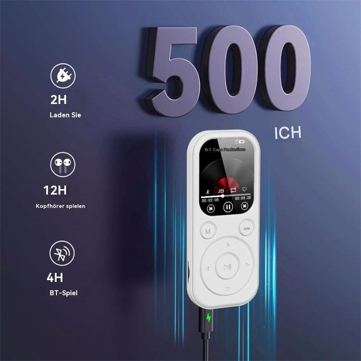 Weißer Musikplayer mit Bildschirm, Akkulaufzeit-Symbolen und großem '500' im Hintergrund.