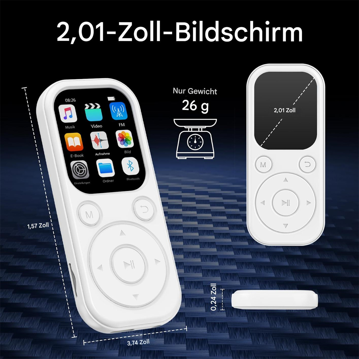 Weißer Musikplayer mit 2,01-Zoll-Bildschirm, Abmessungen gezeigt und einem Gewicht von 26g.