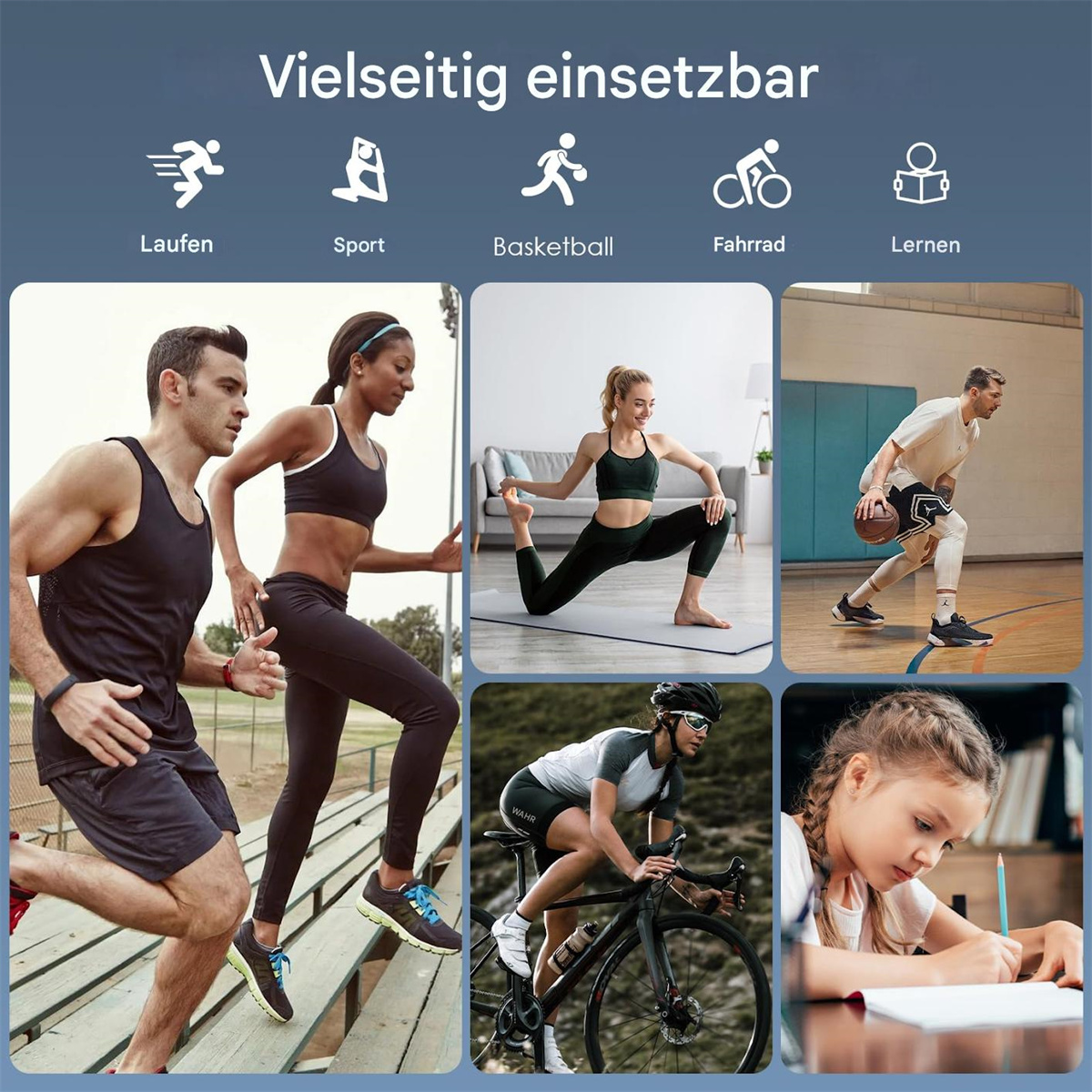 Menschen beim Laufen, Sport, Basketball, Radfahren und Lernen, zeigt Vielseitigkeit.
