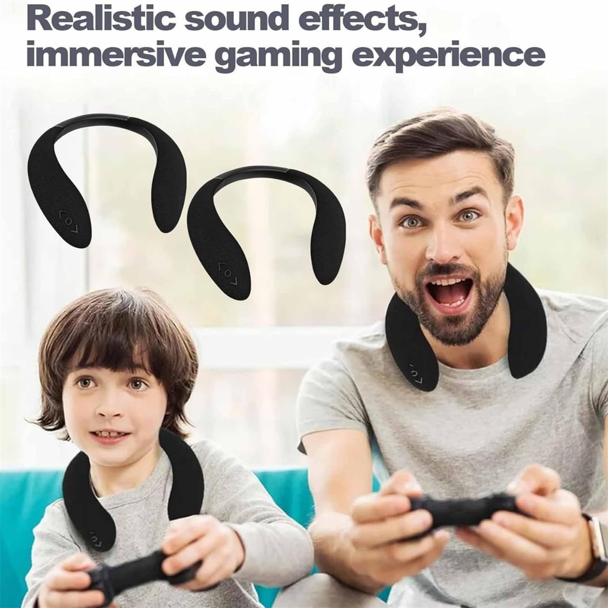 Ein Mann und ein Kind tragen Nackenlautsprecher beim Spielen. Text: 'immersives Gaming'.