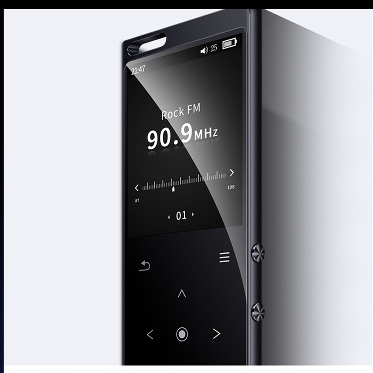 Schwarzer MP3-Player, der 'Rock FM' auf dem Bildschirm anzeigt, mit Steuertasten darunter.