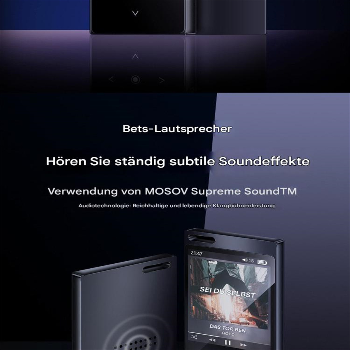 Ein Werbebild für tragbare Musikplayer mit deutschem Text.