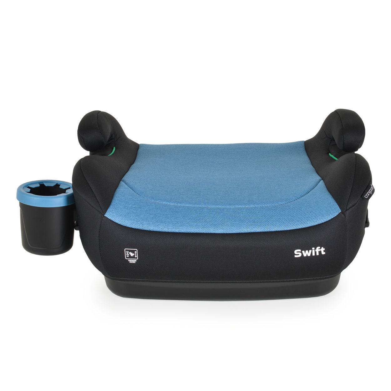 Blau-schwarzer Kindersitz. Er hat einen Getränkehalter und eine schwarze Basis.