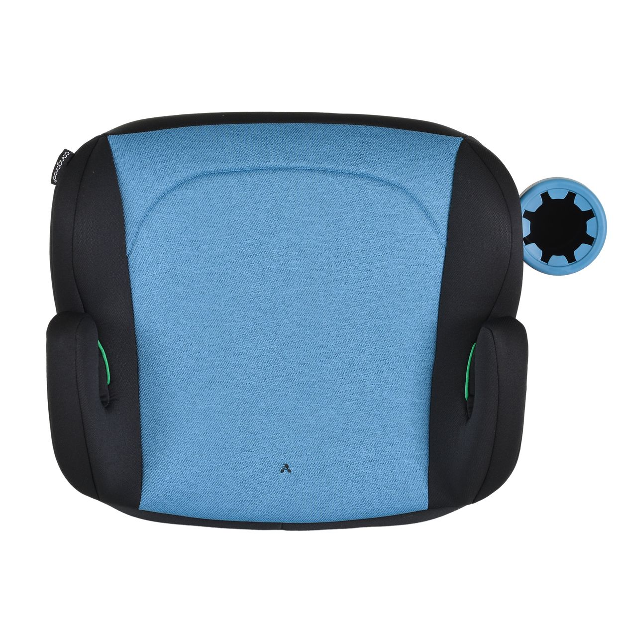 Autositz, blau und schwarz mit Getränkehalter. Draufsicht.