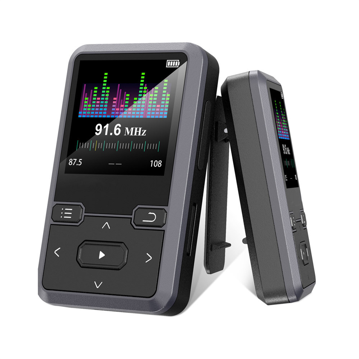 Ein schwarz-grauer MP3-Player mit einem Bildschirm, der eine Schallwelle anzeigt.