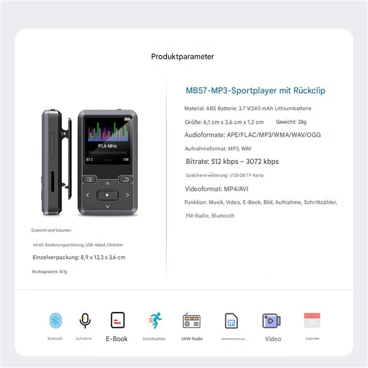 MP3-Player mit Spezifikationen. Schwarz und grau mit Bildschirm, UKW-Radio, Bluetooth.