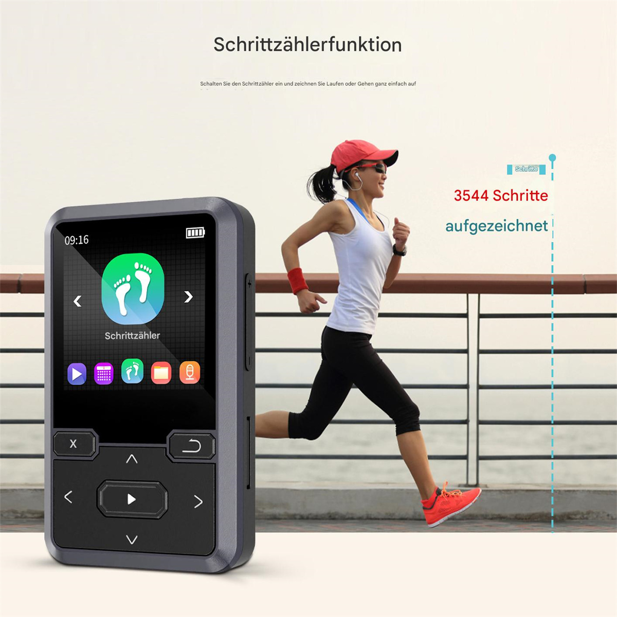 Eine Frau rennt neben einem Player mit Schrittzähler. Anzeige der Schritte.