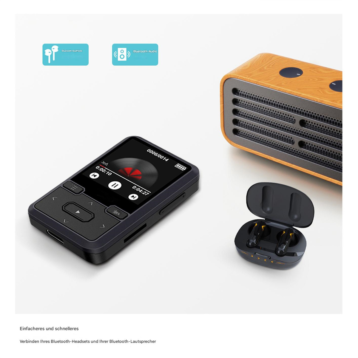 Ein schwarzer MP3-Player, ein Ladecase mit Ohrhörern und ein Lautsprecher.