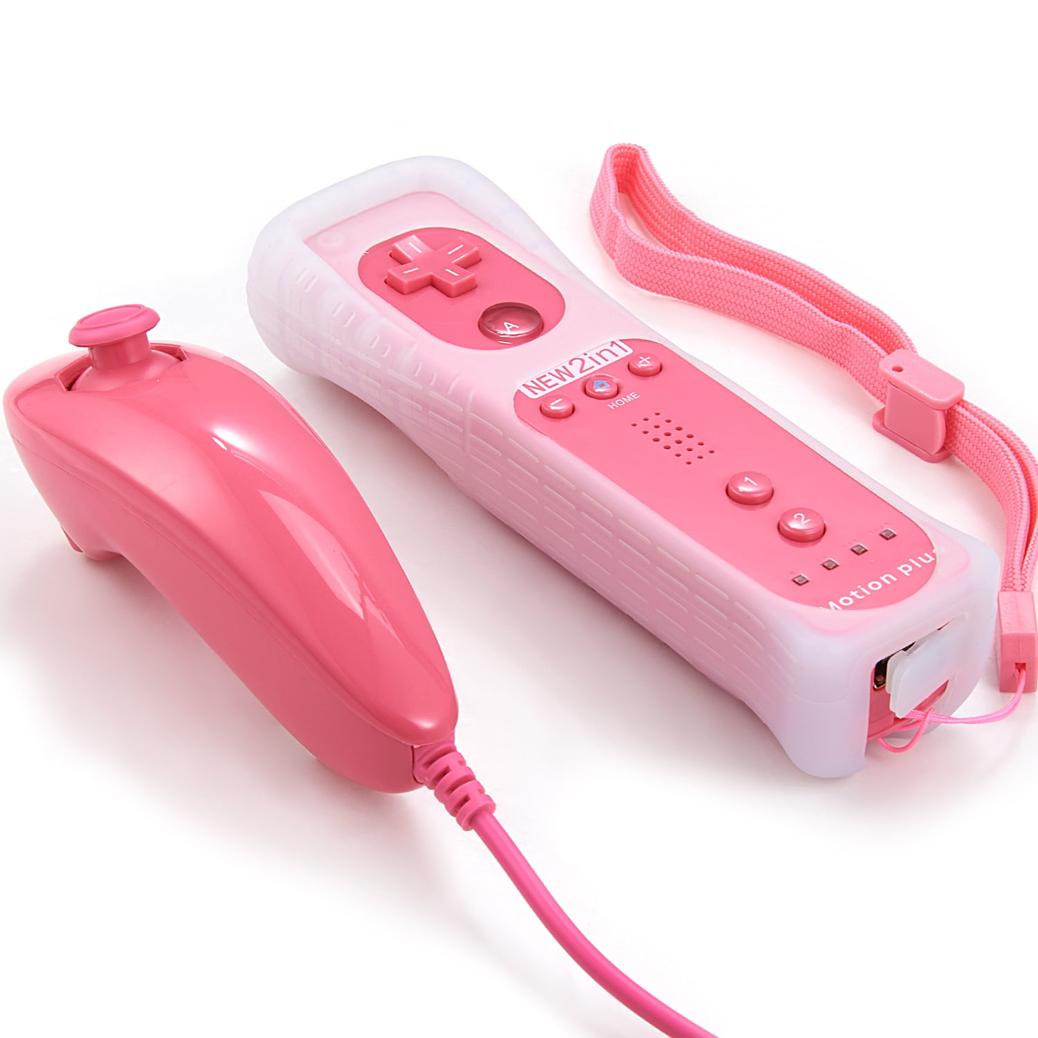 Rosa Wii-Fernbedienung und Motion-Plus-Zubehör, beide mit weißen Akzenten und rosa Handschlaufe.