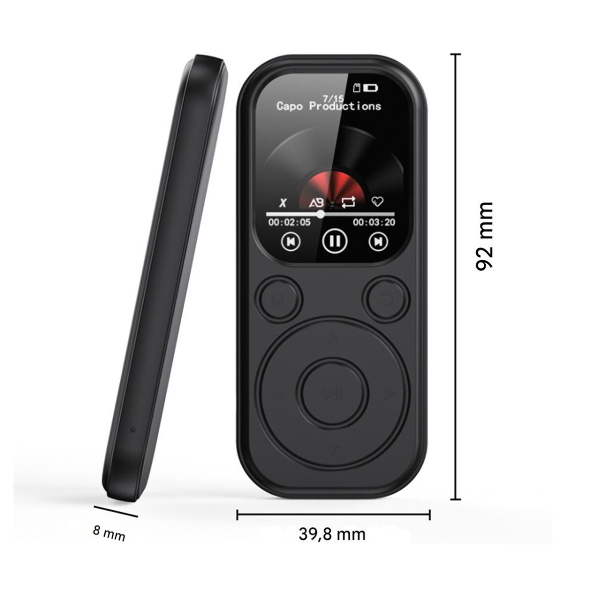 Schwarzer MP3-Player mit Bildschirm, der Musikdetails anzeigt, positioniert, um Seiten- und Vorderansicht zu zeigen.