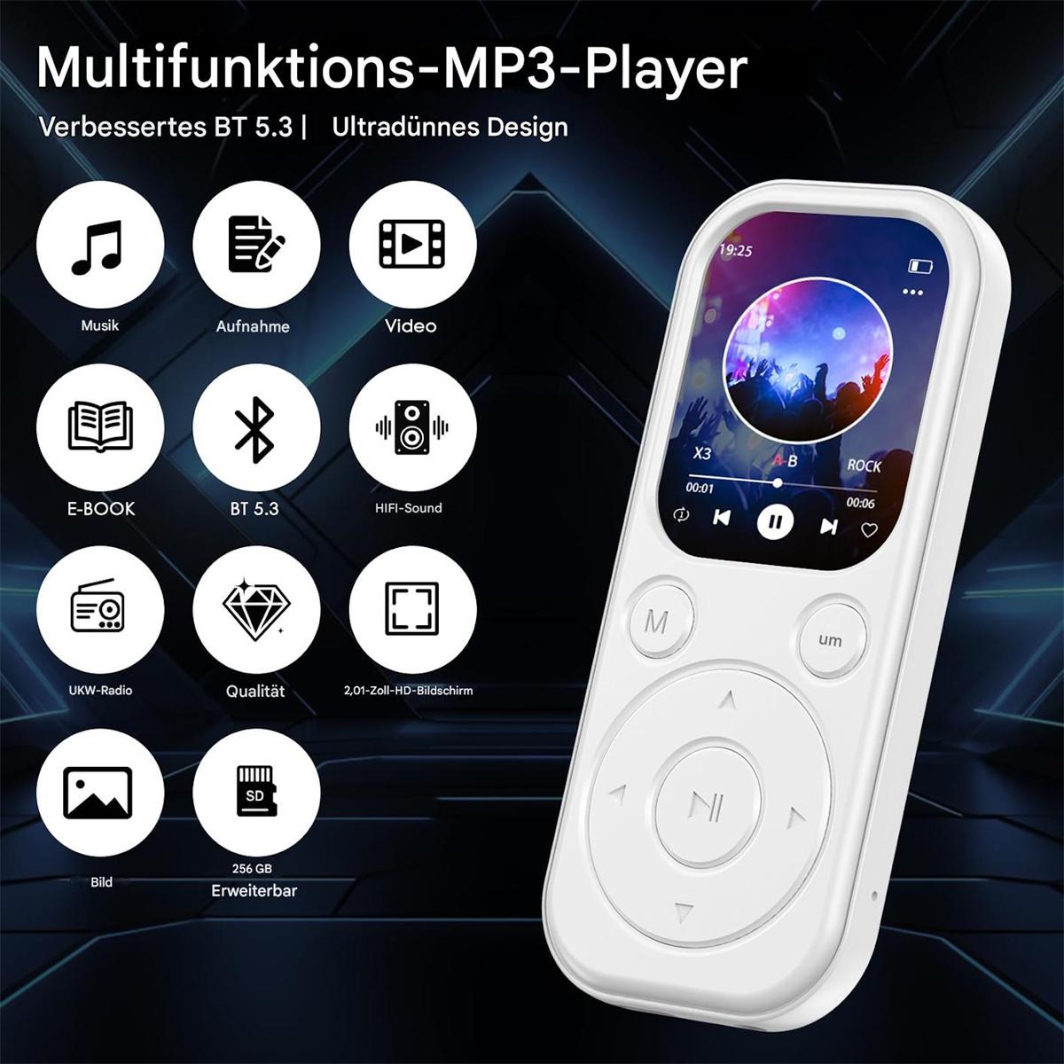 Ein weißer MP3-Player mit einem Bildschirm, der eine Musikoberfläche zeigt. Es hat verschiedene Symbole und Schaltflächen.