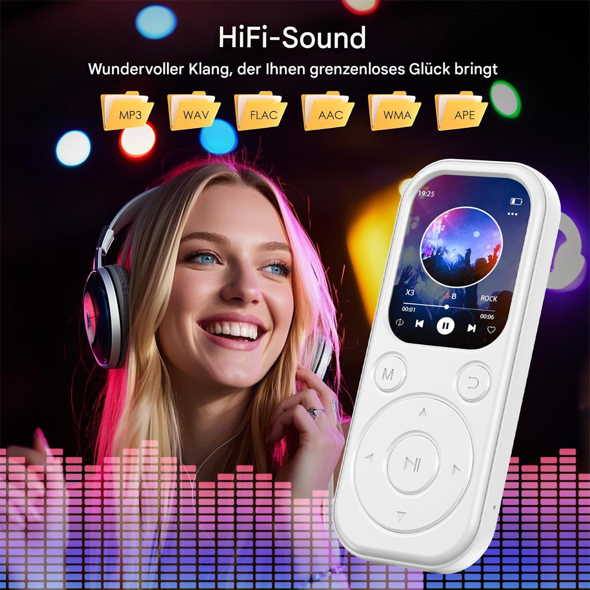Eine lächelnde Frau mit Kopfhörern, die einen weißen MP3-Player benutzt, mit Symbolen für Musikdateitypen darüber.