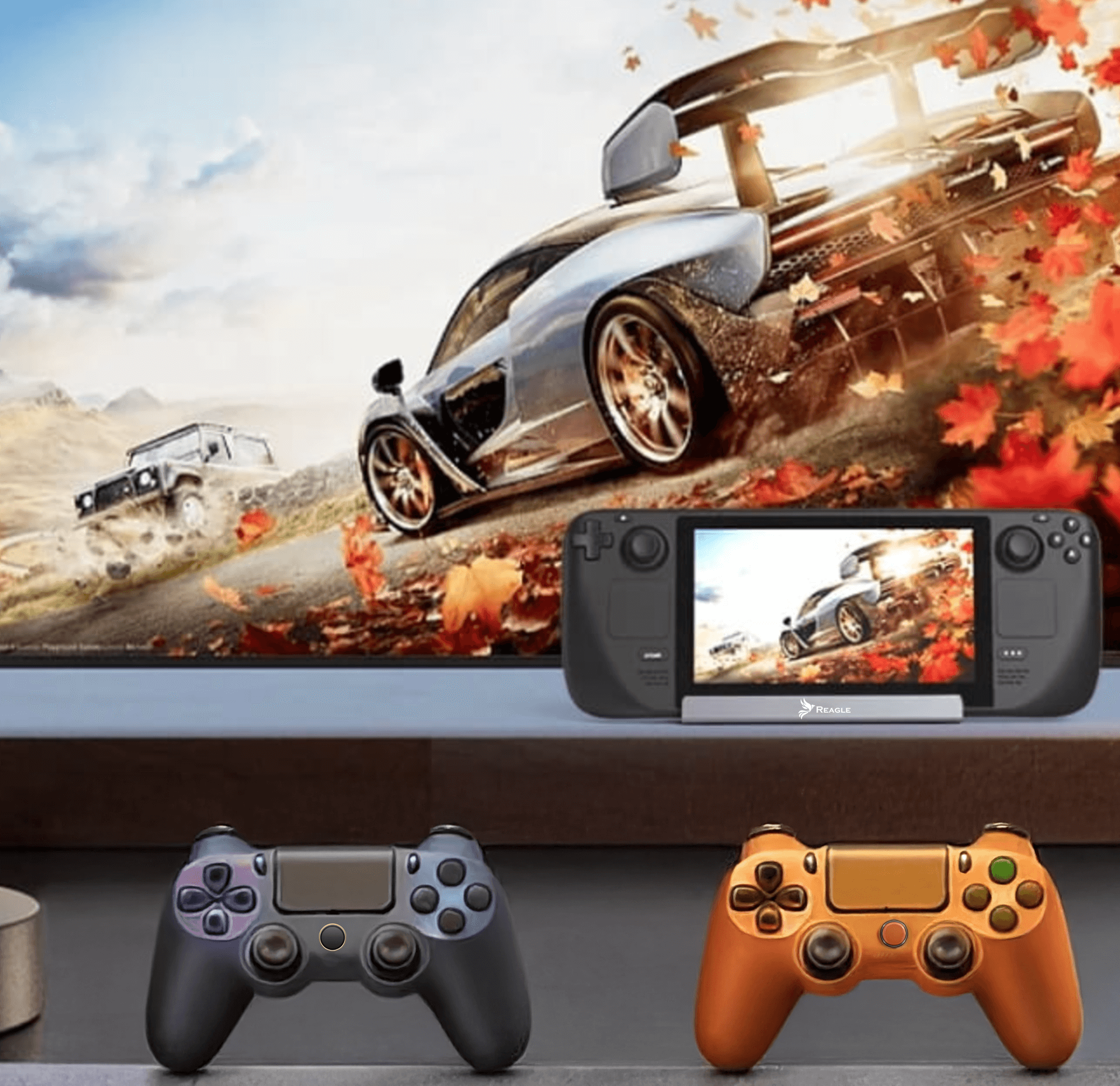 Konfiguracja gier: gra wyścigowa na TV, urządzenie przenośne i dwa kontrolery.